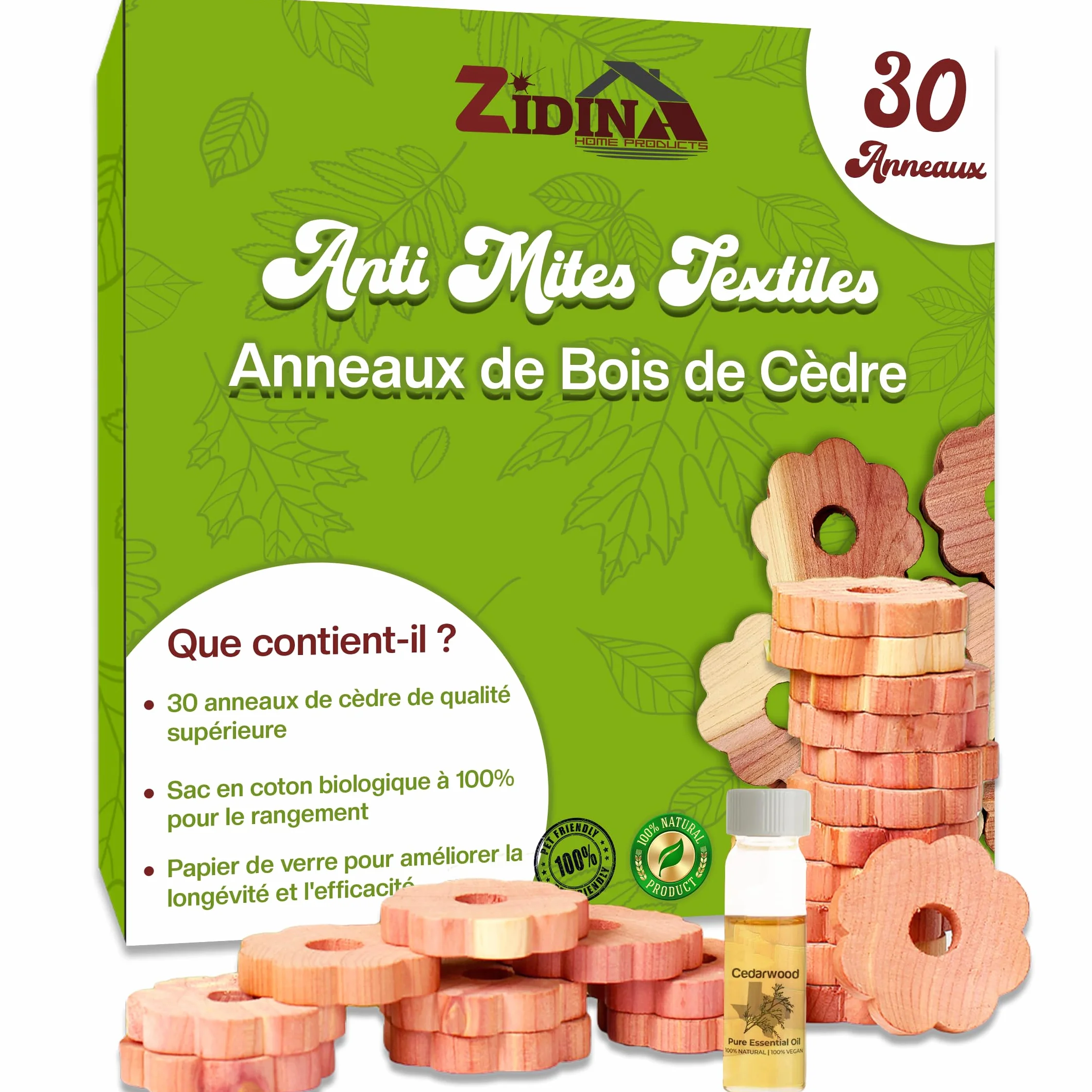 Anti Mites Textiles Pack 30 Anneaux Vêtements Huile de Bois de Cèdre 4,5 ML Naturel Contre Mites Armoires