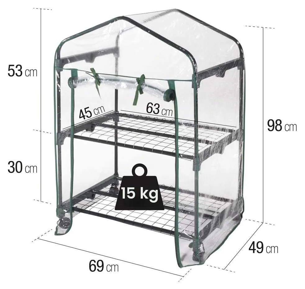 Serre avec 2 étagères en acier avec roues et bâche PVC transparente L 69 x P 49 x H 98