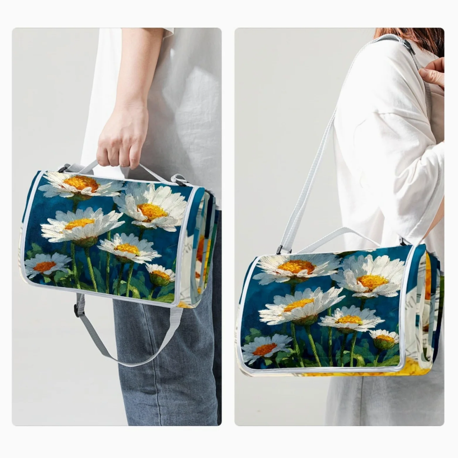 Couverture de pique-nique imperméable motif marguerites blanches, 150 x 145 cm, tapis de pique-nique pliable, antidérapant, résistant au sable et lavable, tapis de plage pour jardin, randonnée