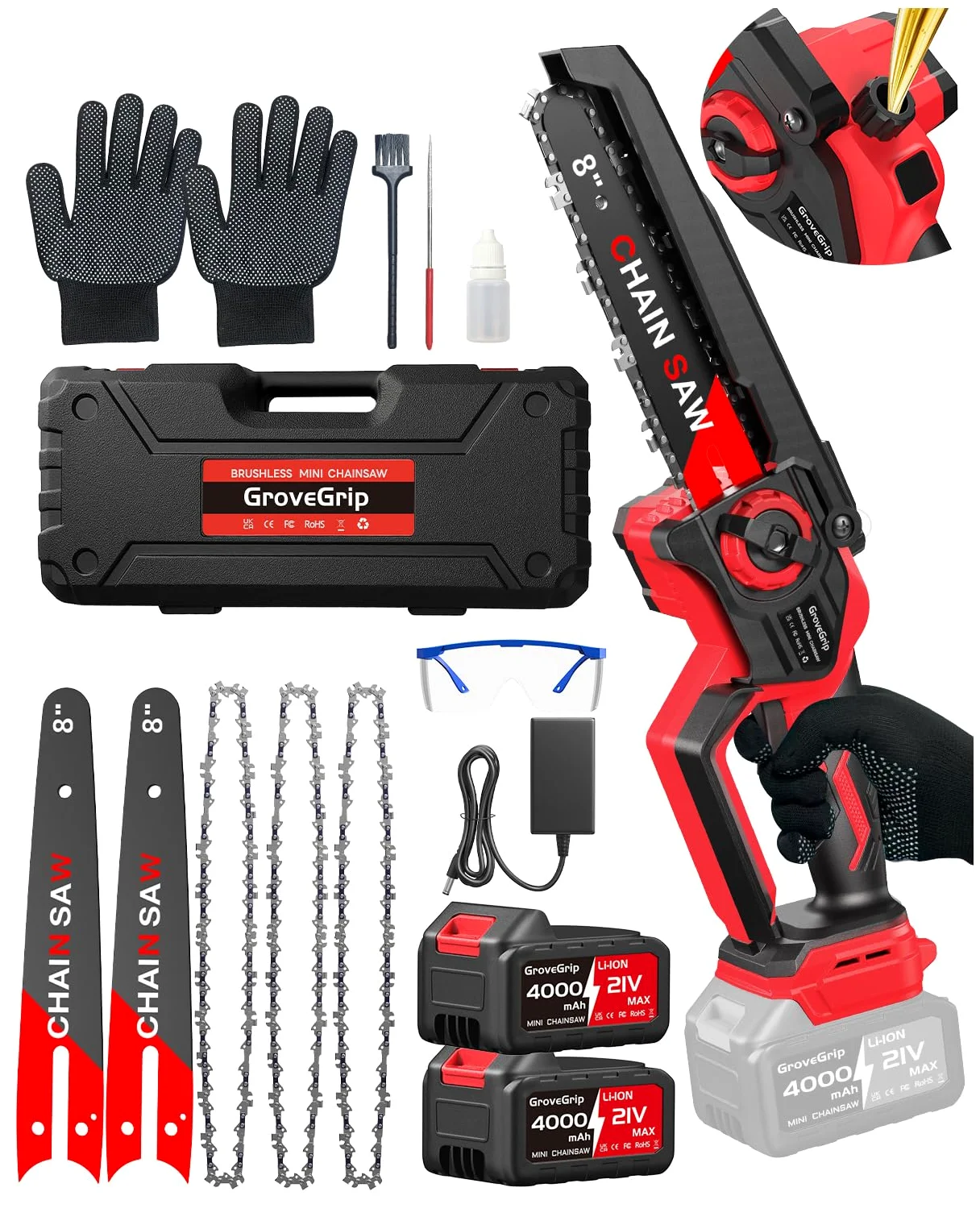 Mini Tronçonneuse sans fil 8 pouces,moteur sans balais 1400W,graisseur automatique,2x4000mAh batteries(compatible Makita), Légère,utilisable à une main (Noir)