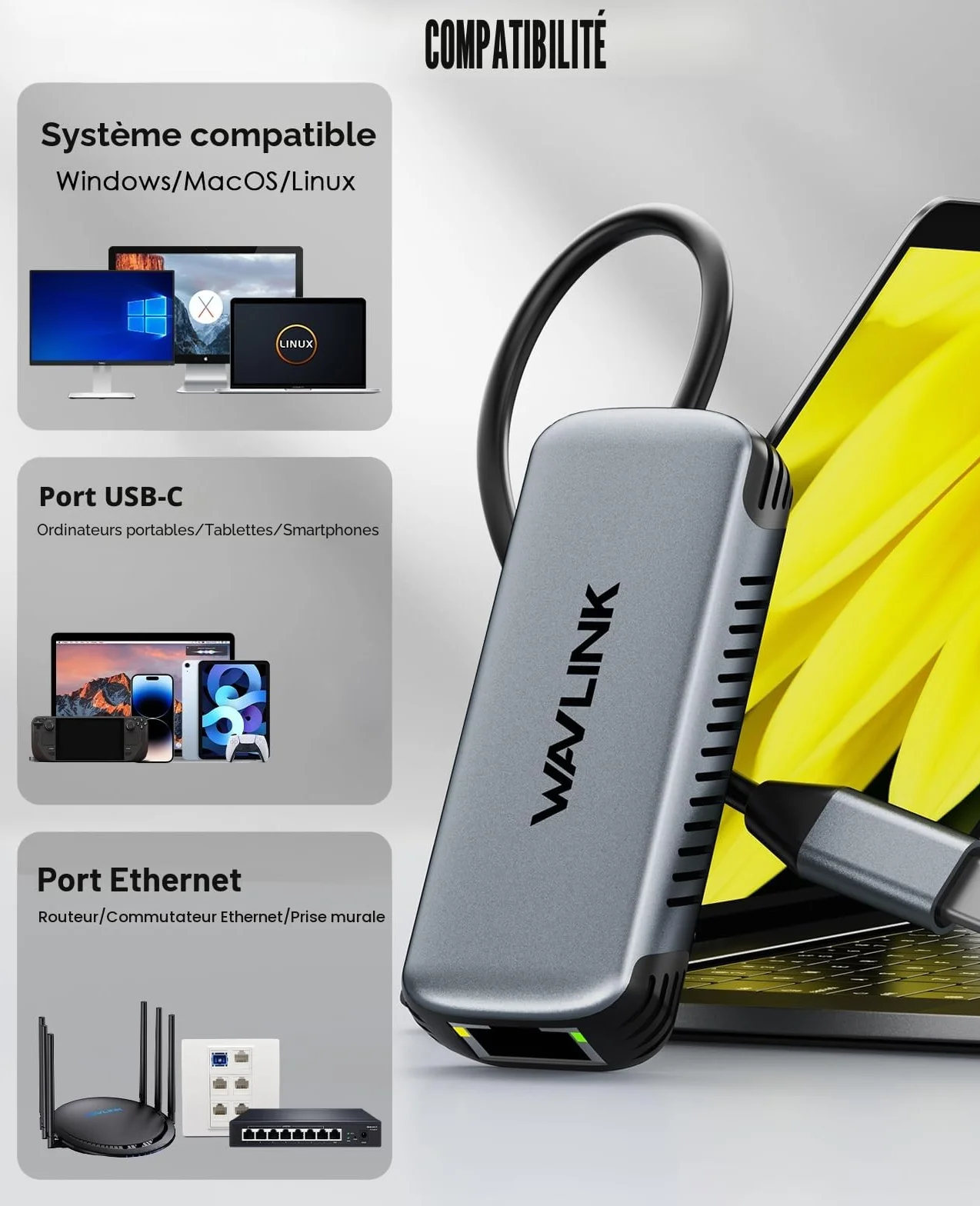 WAVLINK Adaptateur USB C vers Ethernet 5Gbps, Réseau Gigabit RJ45 sans Pilote