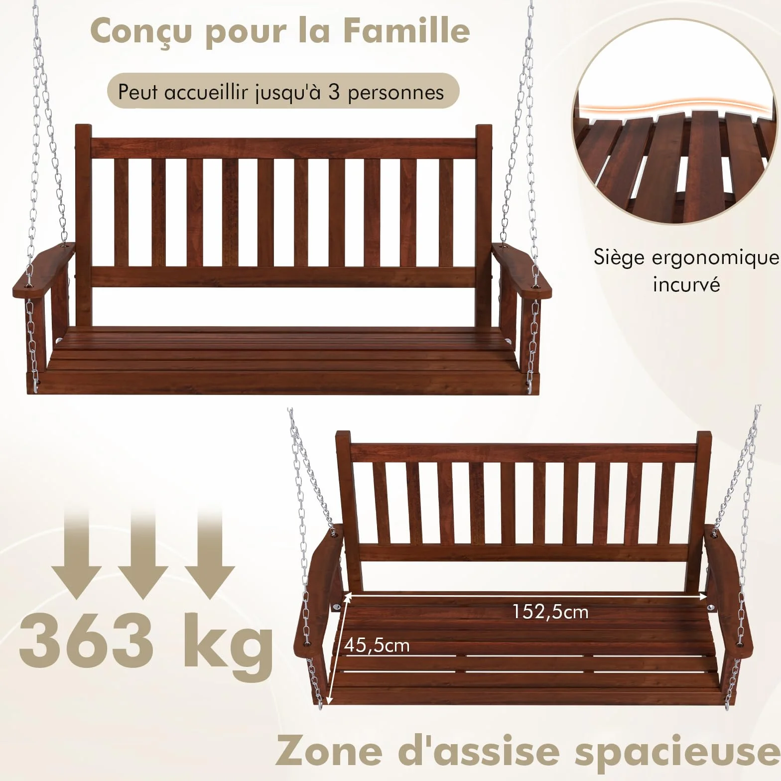COSTWAY Balançoire Suspendue 3 Personnes Banc Extérieur Bois Massif Chaîne Réglable Charge 360KG Marron