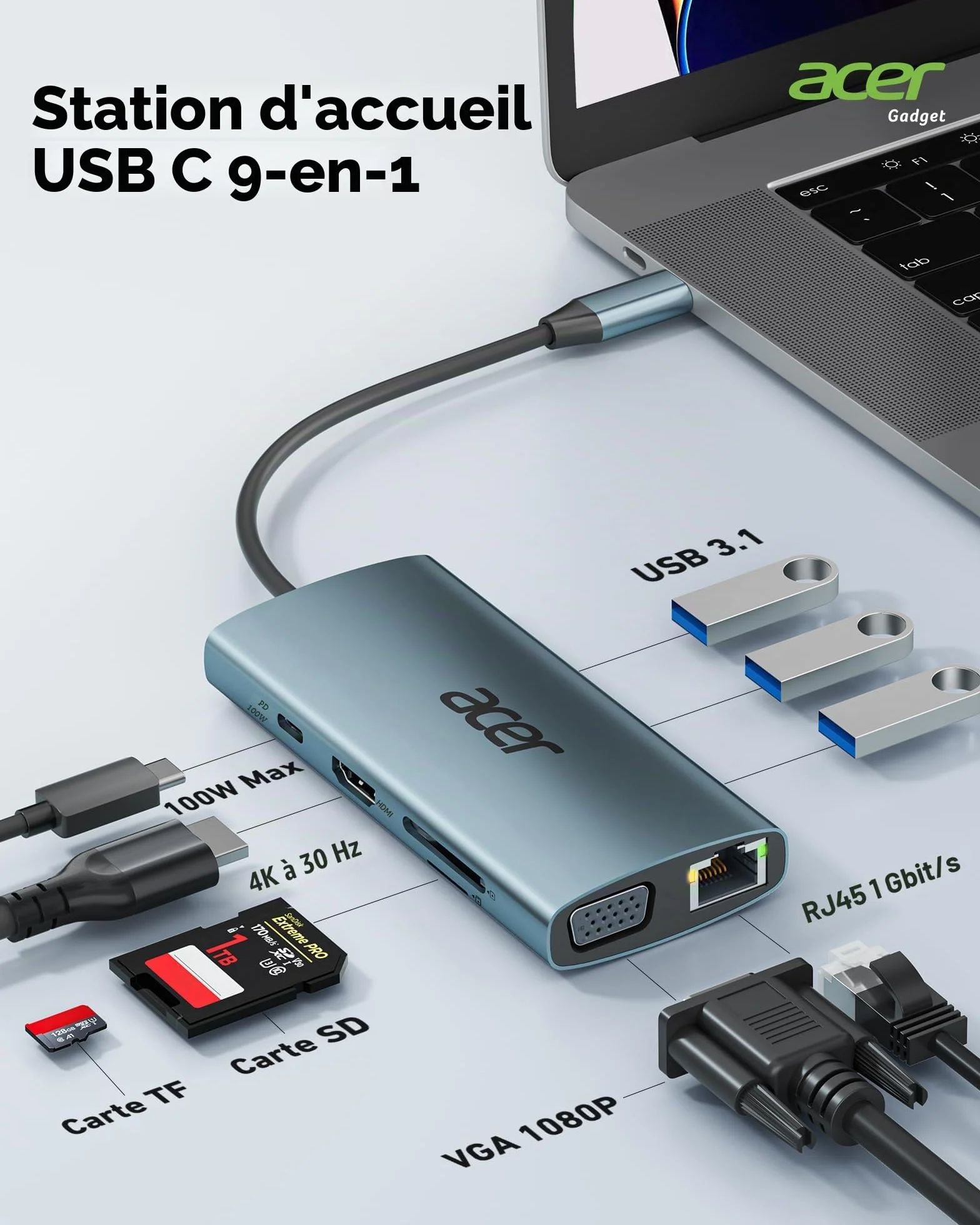 Acer Hub USB C Adaptateur Type C vers HDMI 4K VGA Ethernet RJ45 PD 100W Lecteur de Carte SD/TF 3xUSB 3.0 Station d'accueil USB C