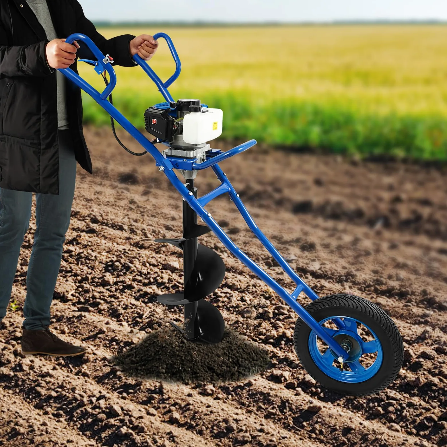 Tarière à essence 2 temps, 52 cc, réservoir de 1 l, avec support de transport, foret de jardin, puissance 1460 W, embrayage centrifuge