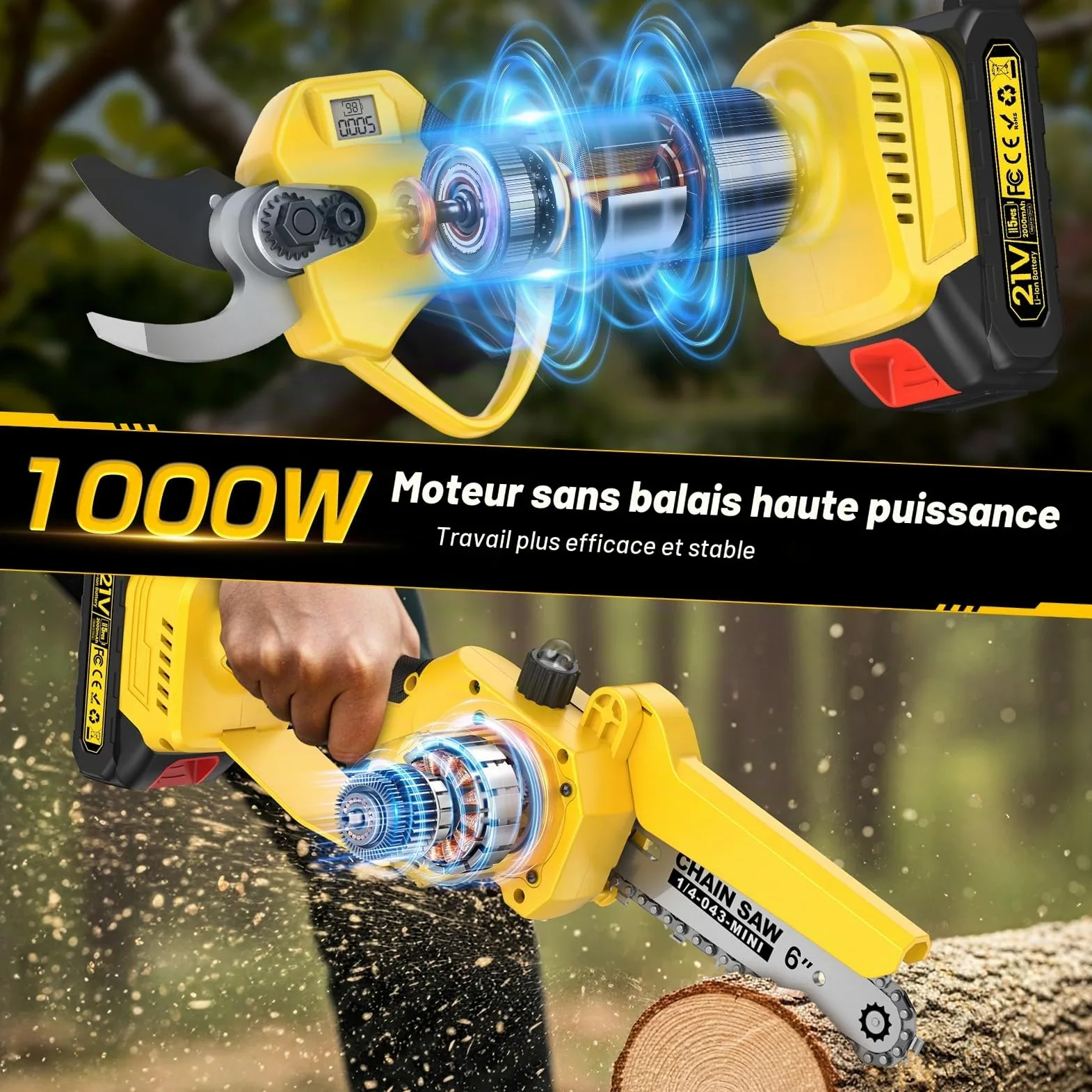 4 en 1 Tronconneuse à Batterie&Secateur Electrique avec Perche Télescopique | Portée Max Jusqu'à 4,2m, 1000 W Moteur & 2 Batterie, Mini Tronconneuse 6 Pouces avec Perche pour Arbres et Élagage en Hauteur
