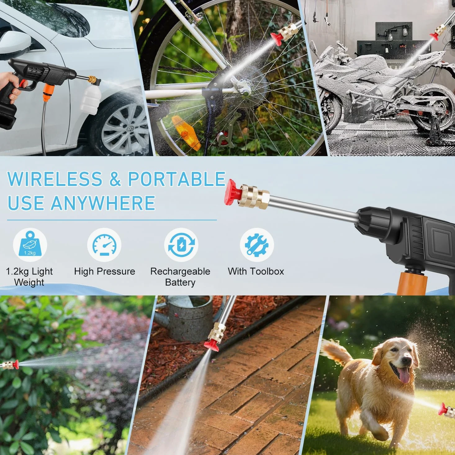 Nettoyeur Haute Pression sans Fil Portable Max 90 Bar avec 2 Batteries, Buse Multi-pulvérisation 6 en 1, Tuyau de 5M, Lance D'extension, Outil de Nettoyage de Voiture en Plein Air pour Jardin