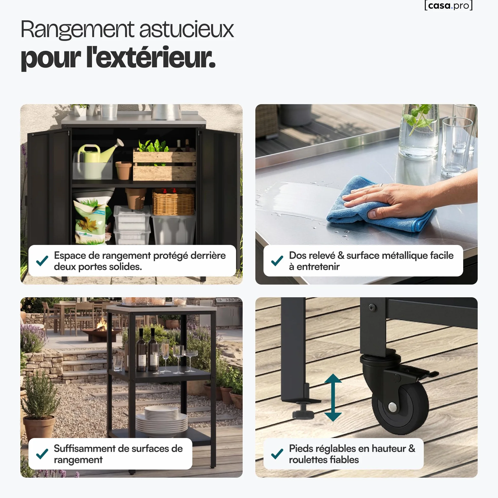 Ensemble de 3 Meubles Outdoor Bolognano Armoire d'Extérieur Chariot Barbecue Acier Noir Mat