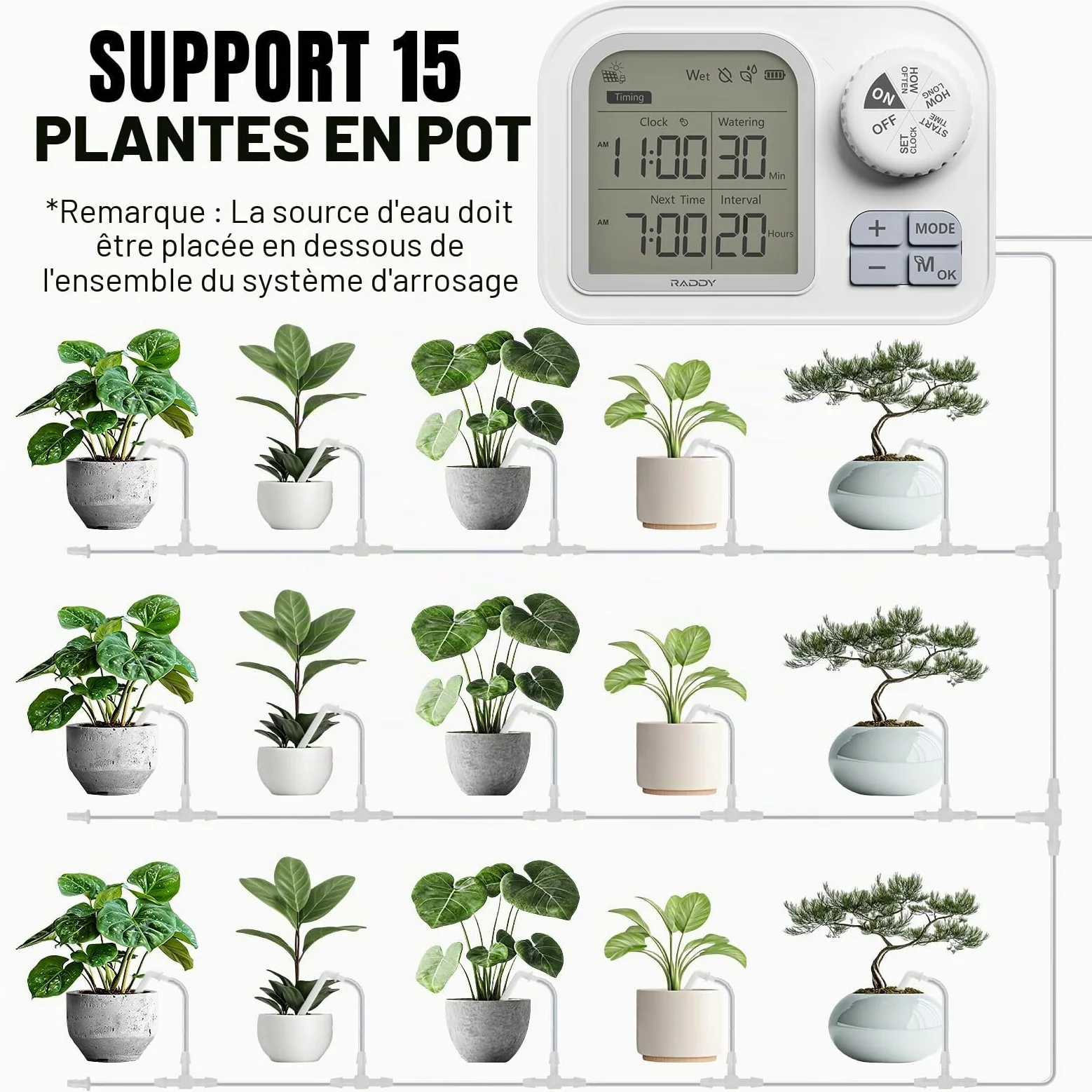 Raddy WS-7 Solaire Kit d'irrigation goutte-à-goutte, Système d'arrosage automatique pour 15 plantes en pot, auto-détection de l'humidité du sol, batterie 2600 mAh, IPX7 pour balcon intérieur/extérieur