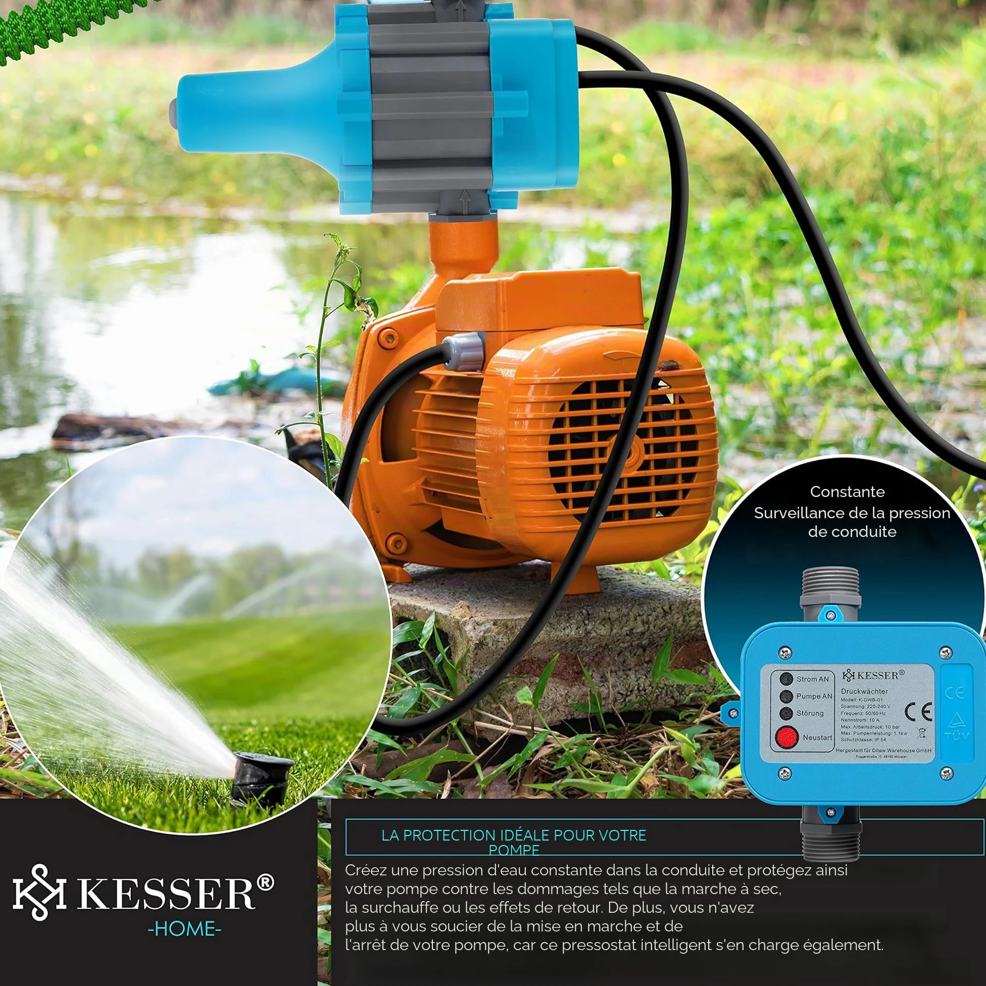 KESSER Interrupteur de pression - 10 bar - Commande de pompe - Eau domestique - Arrosage de jardin - Avec câble - Pression constante de l'eau - Jardin et maison - Arrêt automatique