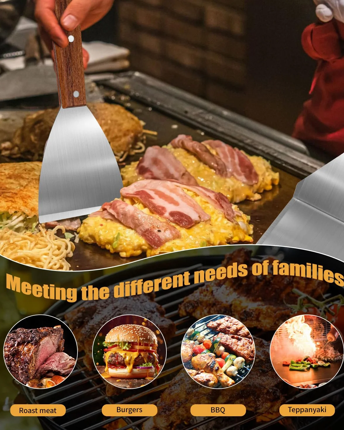 Set de Spatules Barbecue Acier Inoxydable avec Retourneur Grillades et Écraseur Burgers