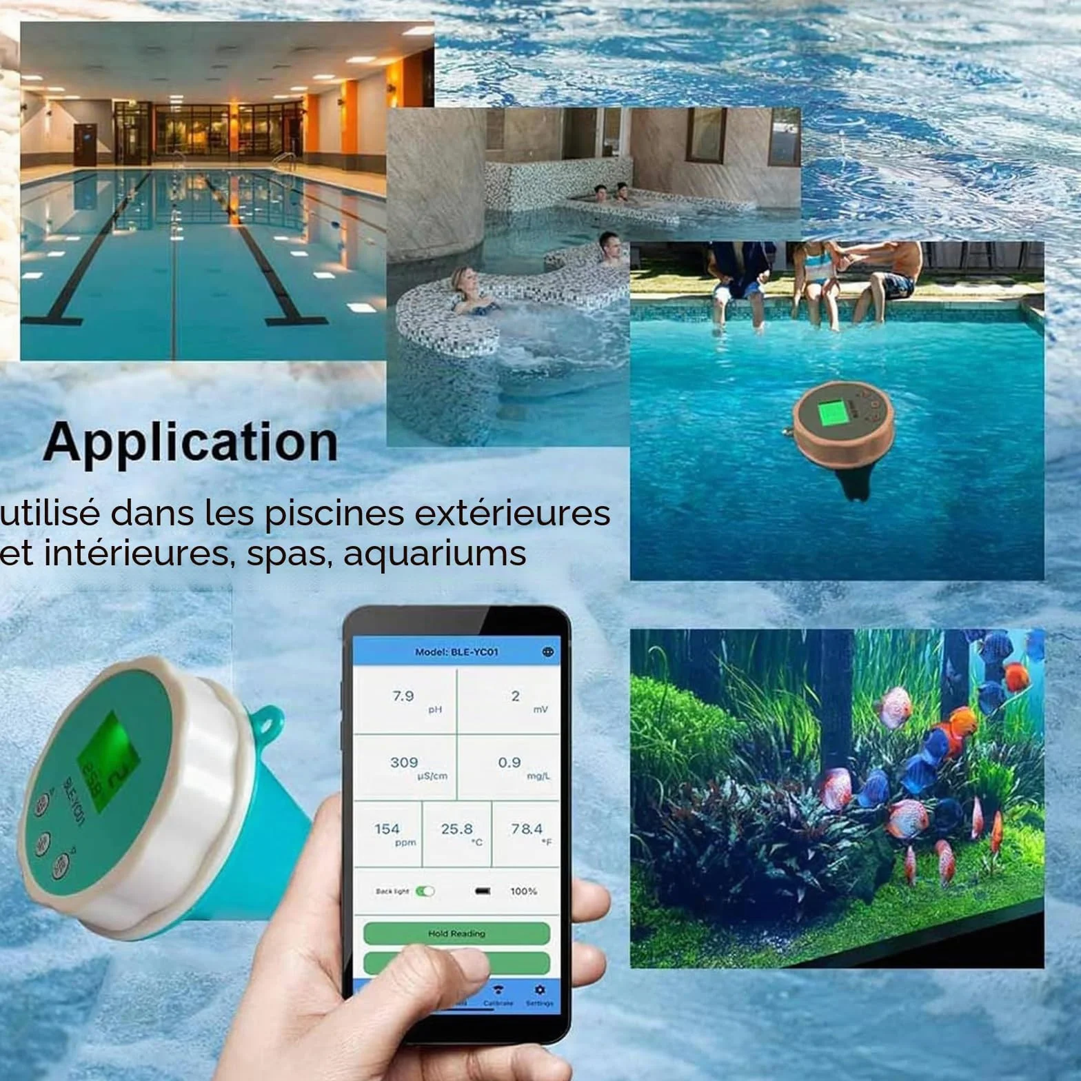Generic Testeur d'eau Bluetooth pour piscine – Surveillance du pH et du chlore – 1 pièce