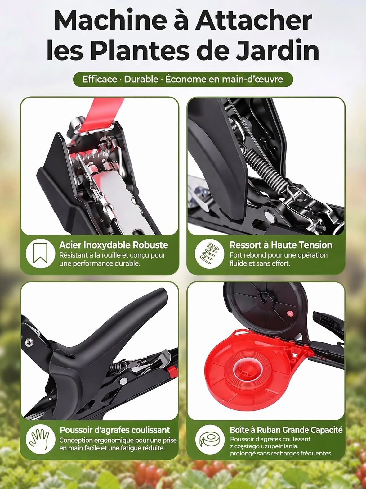 Lieuse professionnelle pour plantes avec 10 rouleaux de ruban de 60 m, 500 g | Revêtement noir anti-corrosion, structure équilibrée anti-fatigue pour vignes et tomates.