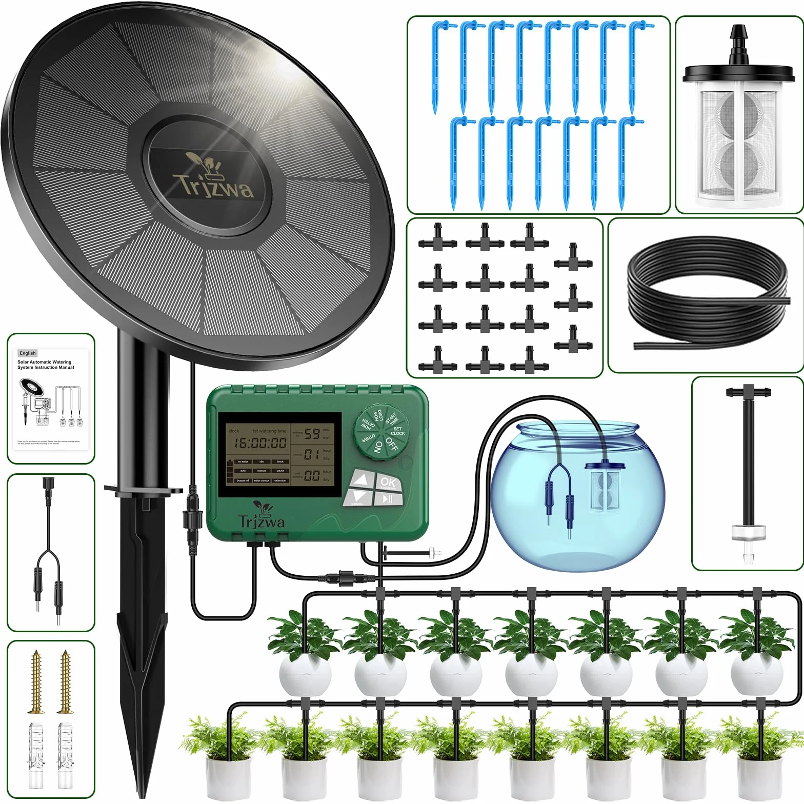 Kit D'irrigation Goutte à Goutte Énergie Solaire 2200mAh Arrosage Automatique avec 15 Goutteurs pour Jardin Balcon