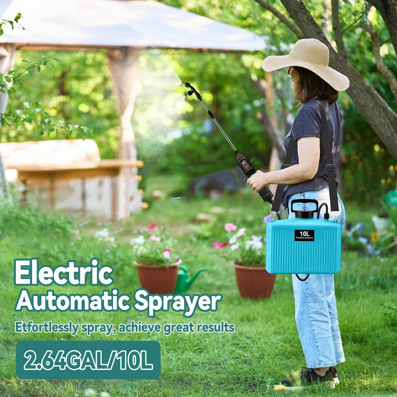 Pulvérisateur de jardin électrique à piles 10 L avec poignée rechargeable USB 4000 mAh avec 4 buses