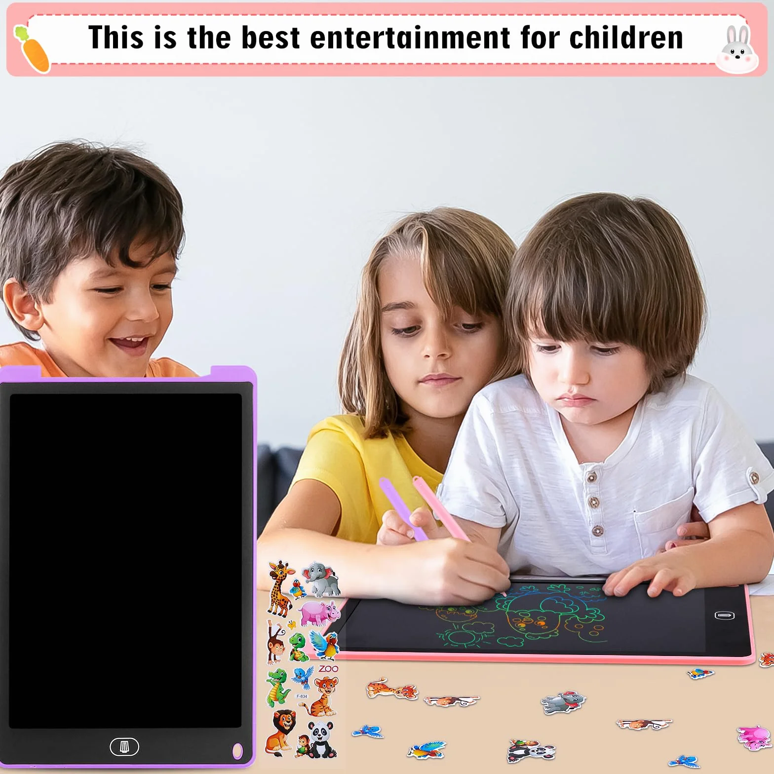 Tablette D'écriture LCD 13 Pouces Écran Coloré Effaçable avec Autocollants Animaux Rose Violet 2 Pack