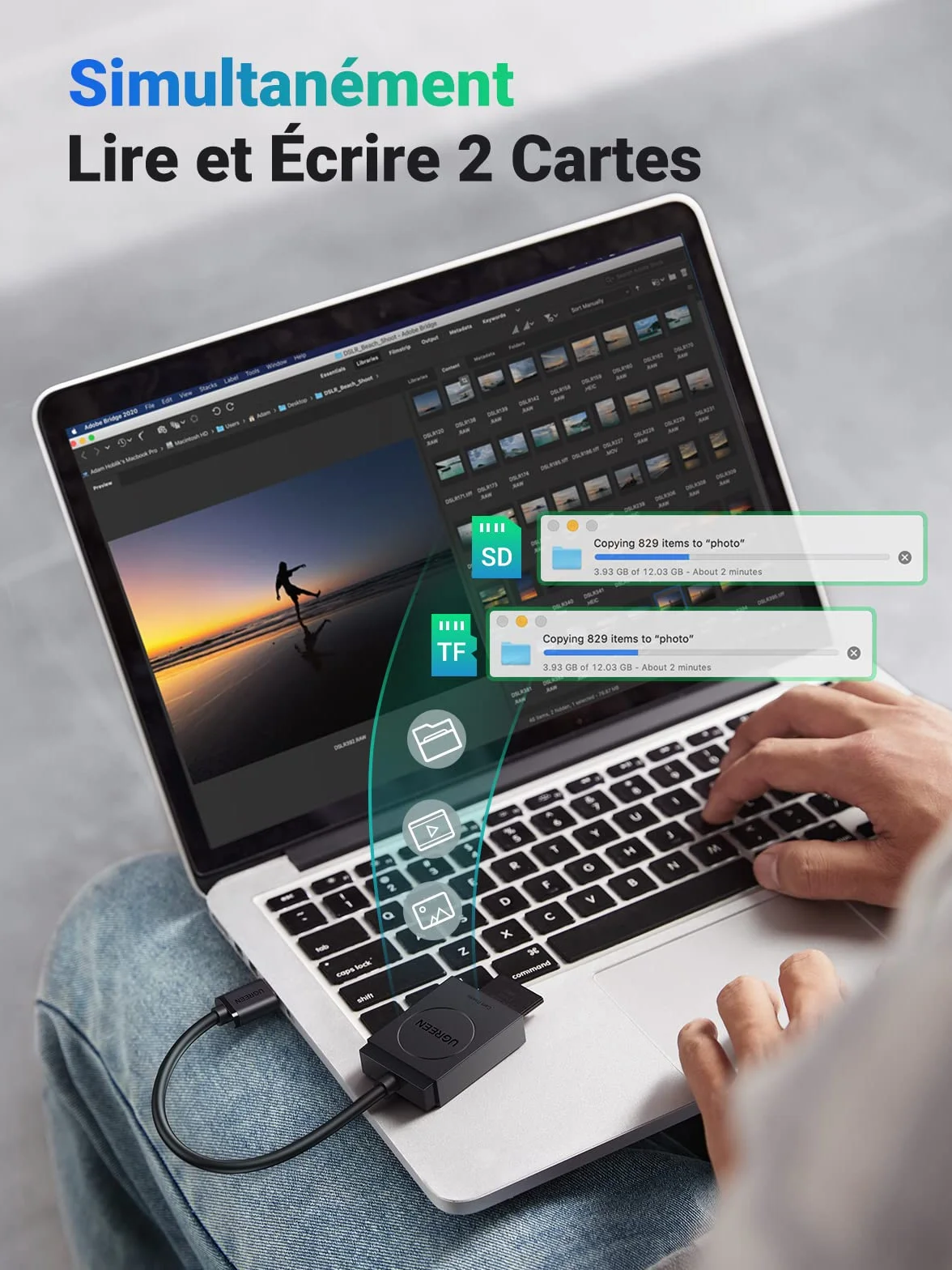 UGREEN Lecteur de Carte SD USB 3.0 5Gbps Transfert Rapide 2 Cartes Max 2To SD Card Reader Micro SDXC SDHC MMC Plug Play Windows MacOS Linux
