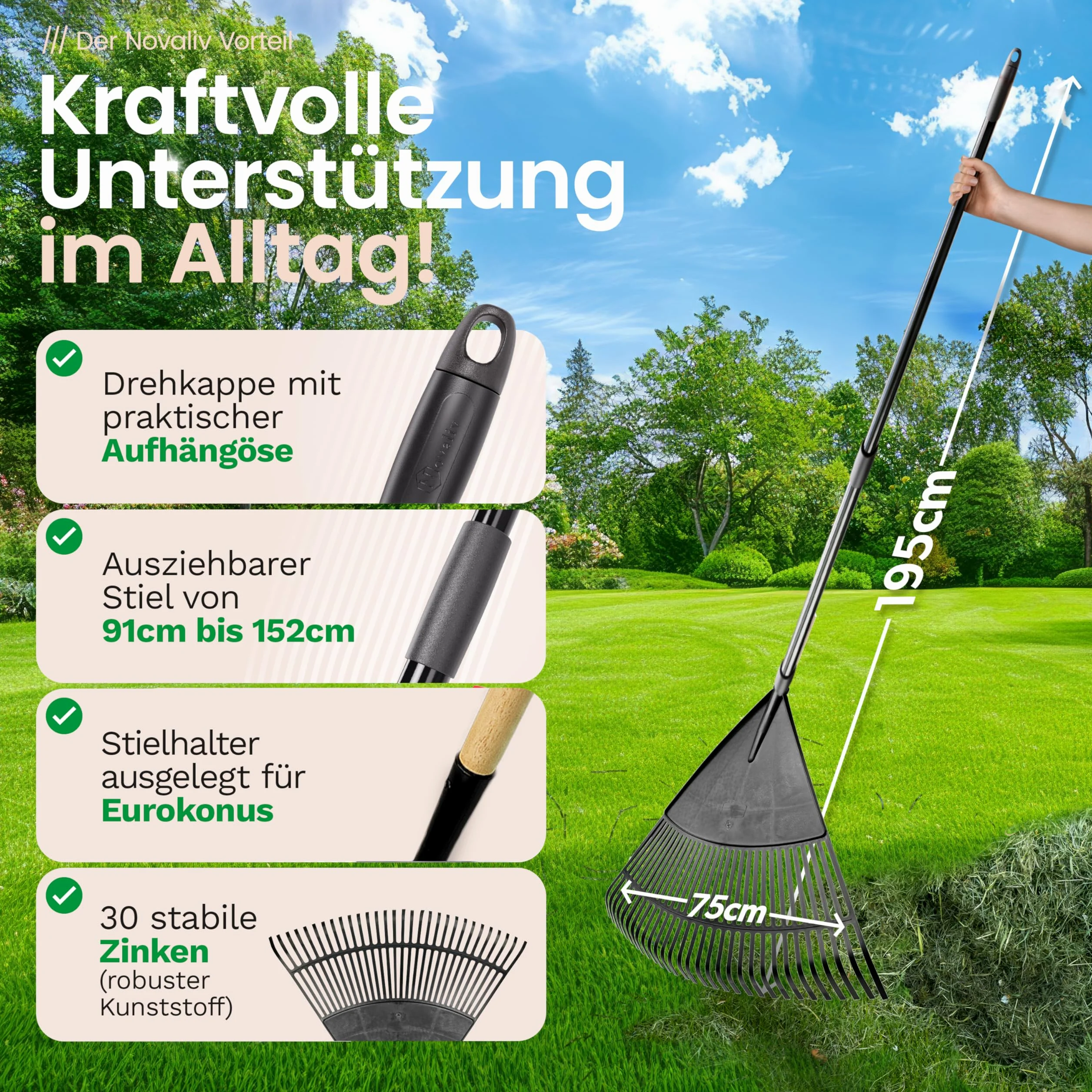 Novatool Balai à feuilles avec manche télescopique jusqu'à 152 cm, balayeur avec 30 dents en plastique, largeur de travail 75 cm, râteau à feuilles, balai de jardin, râteau, balai de paysage, outil de