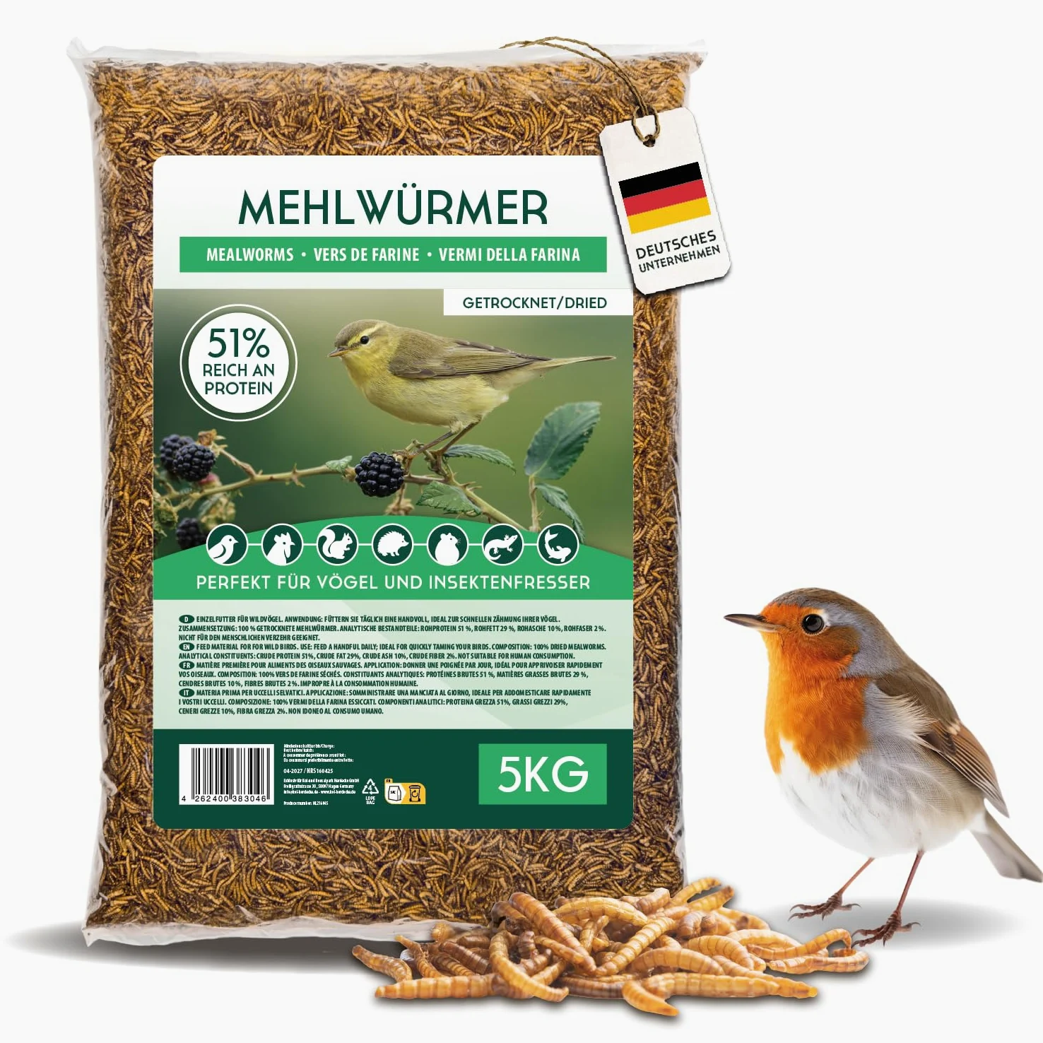 Couverture pour carpes koï - Vers de farine séchés - 1 kg - Nourriture naturelle pour insectes - Riche en protéines et nutriments - Nourriture pour oiseaux, poissons, rongeurs et reptiles - Poules et