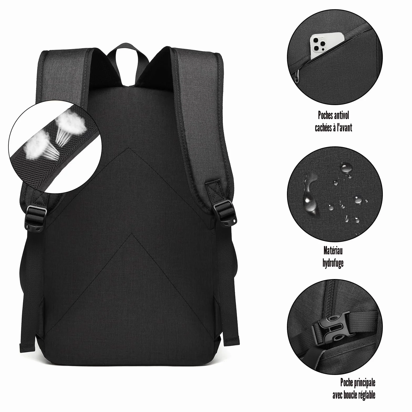 Sac à Dos Ordinateur Portable 15.6 Pouces Antivol avec Cadenas et Port USB, Imperméable Voyage Travail Vélotaf Scolaire Homme Femme Noir