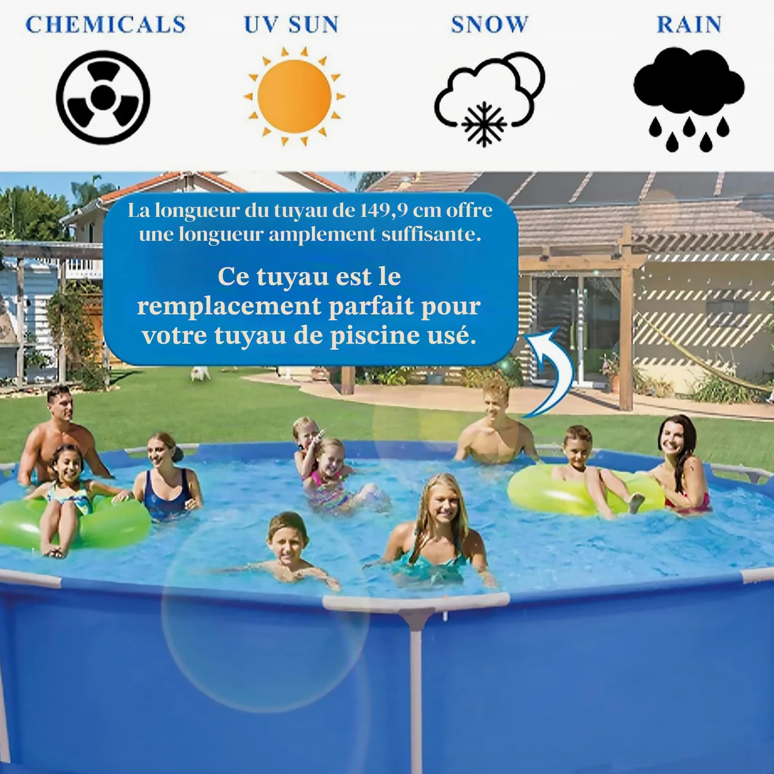 Lot de 2 tuyaux de piscine 38 mm, pour piscines hors-sol, 150 cm, avec 2 adaptateurs de tuyau de type B, tuyau de rechange pour piscine Intex, pompe à filtre