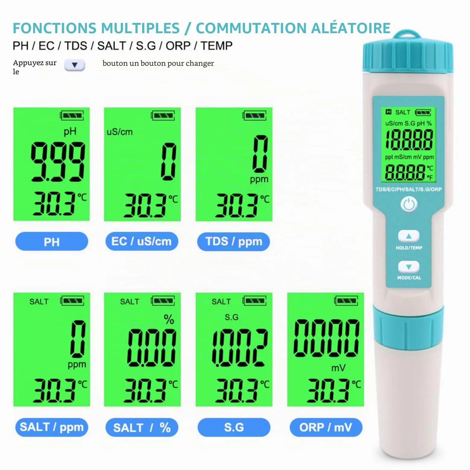 Testeur De Qualité de L'eau, Testeur PH Mètre 7 en 1 et PH/TDS/SALT/ORP/S.G/TEMP/EC, PH-mètre Avec Écran LCD, Pour Eau Potable, Piscine, Aquariums, Hydroponie #A