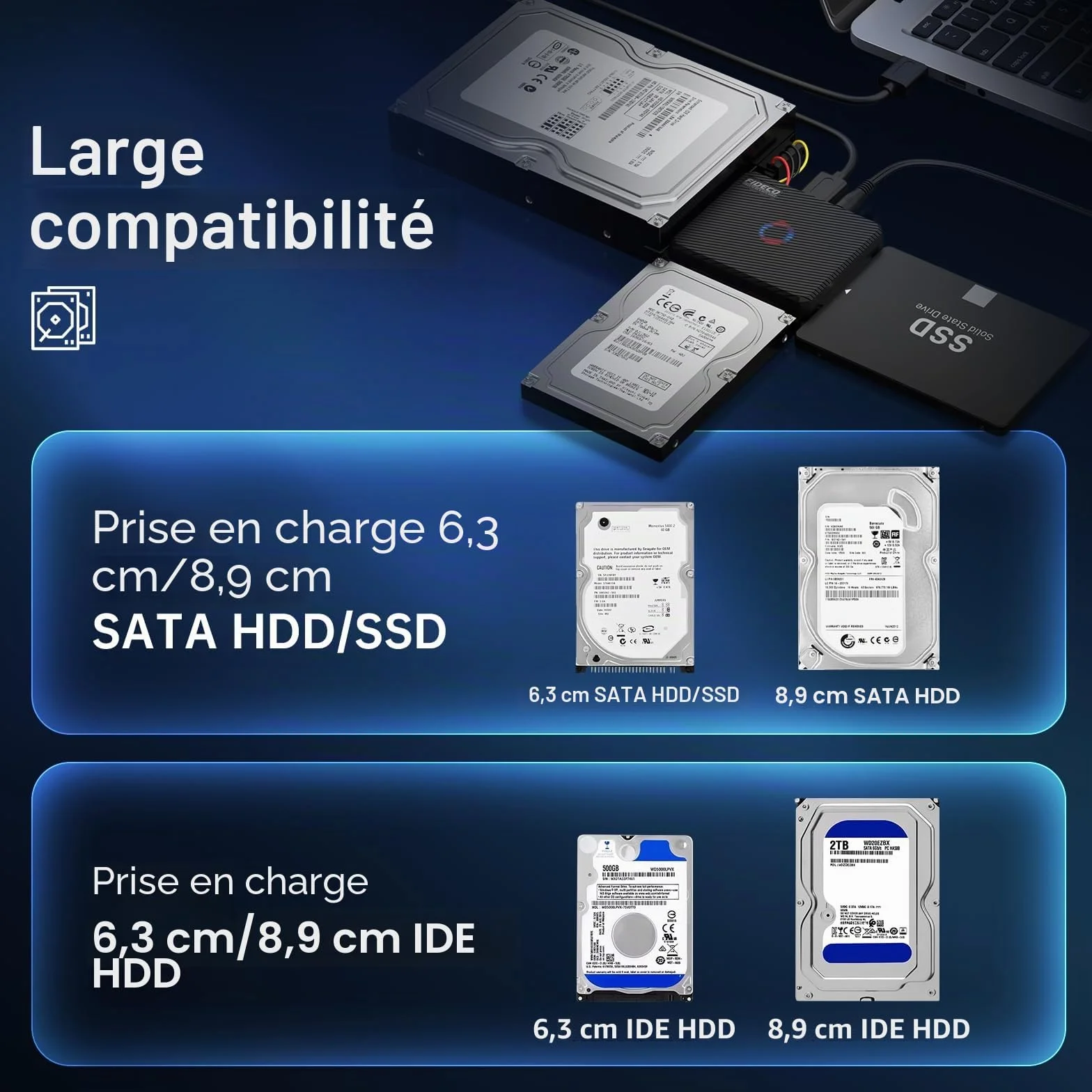FIDECO Adaptateur USB 3.0 SATA IDE pour disques durs SSD 2,5" 3,5" avec alimentation 12 V