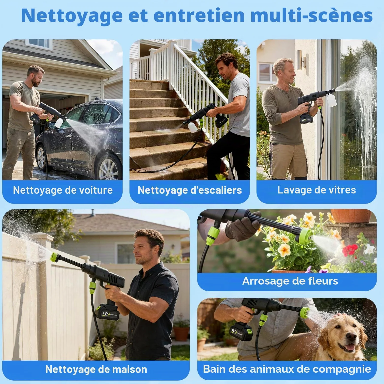 Nettoyeur haute pression, nettoyeur haute pression portable avec 30 bar, 2 batteries de 3,0 Ah, réservoir pliable de 22 litres, buse multifonction 6 en 1, nettoyeur haute pression sans fil pour