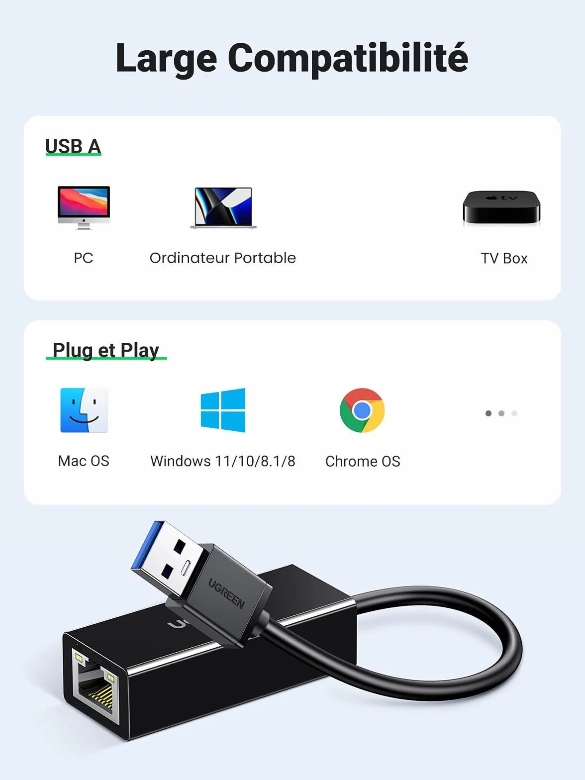 UGREEN Adaptateur USB 3.0 Ethernet Gigabit RJ45 1000Mbps Réseau LAN Noir