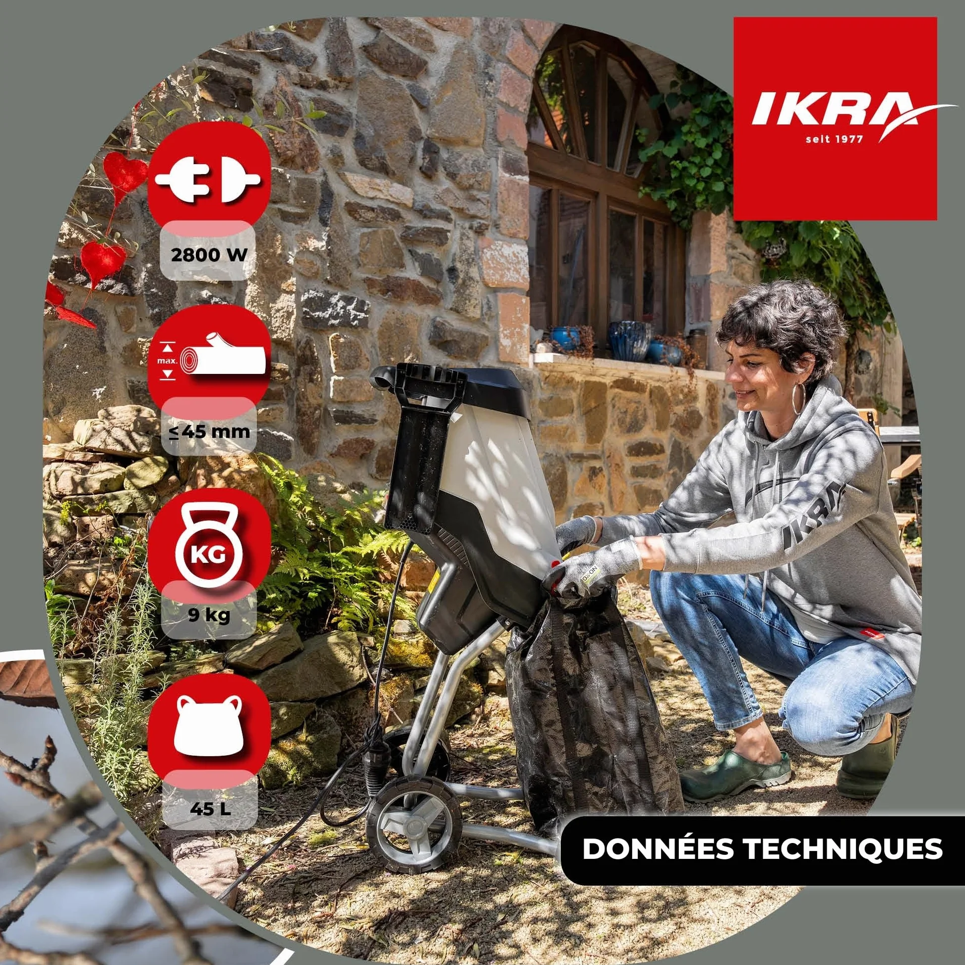 IKRA broyeur électrique IMH 2800, avec sac de ramassage de 45 l, 2800 watts | Moteur haute performance, lames réversibles durables, pour la production de paillis pour le jardin, diamètre branches 45 mm