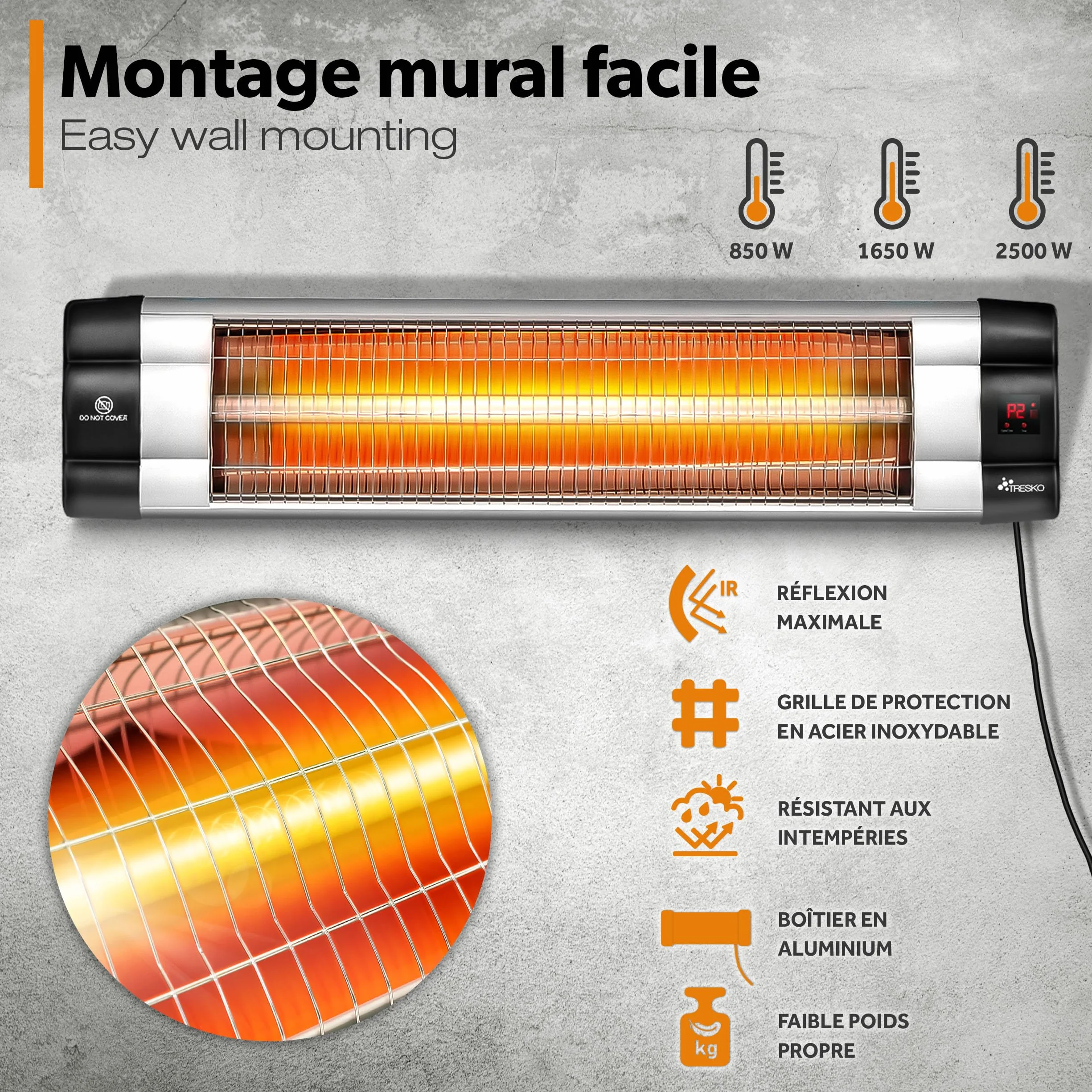 TRESKO Radiateur infrarouge extérieur 2500W Chauffage radiant terrasse murale télécommande 3 niveaux Argent
