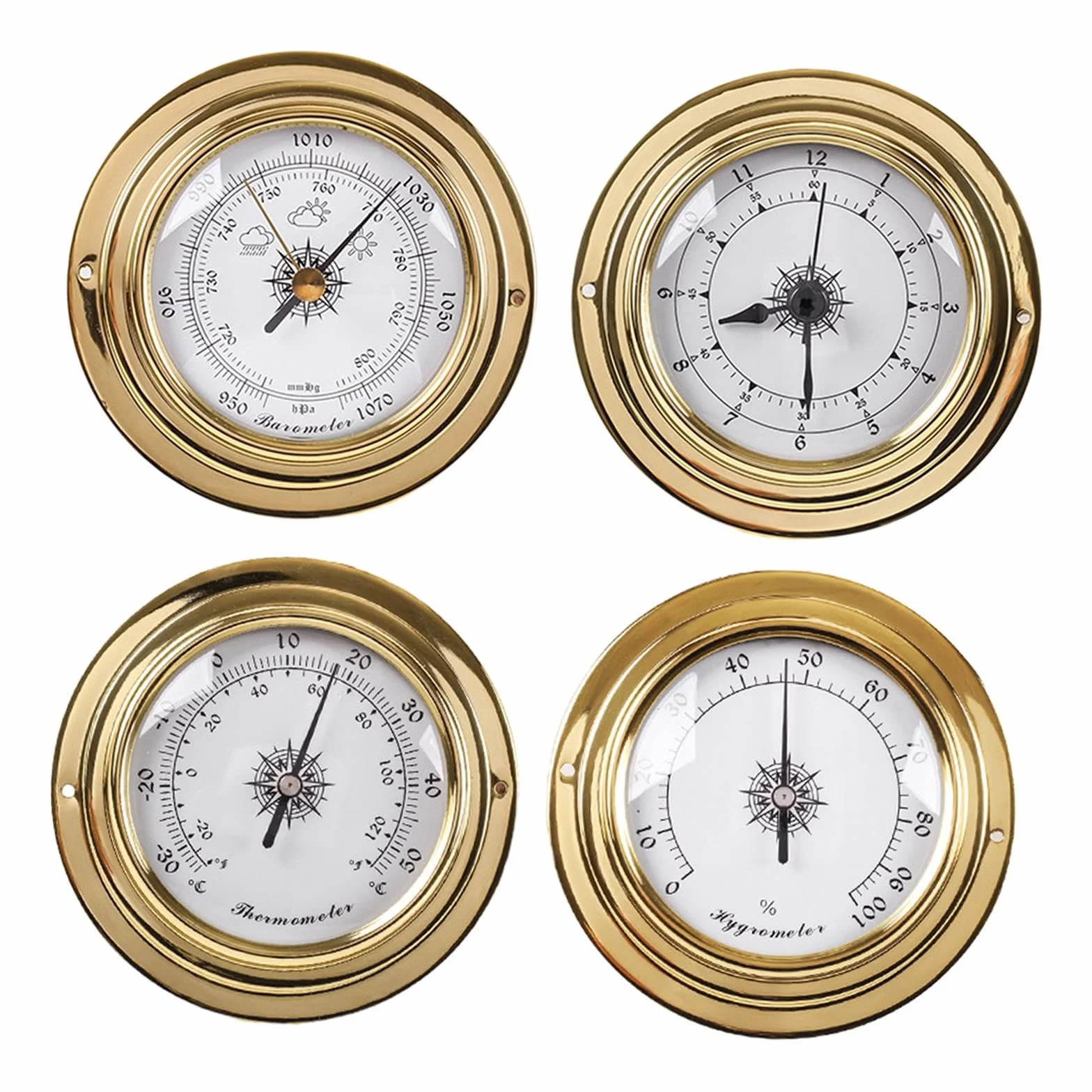 rockible Thermomètre et Hygromètre, Baromètre, Horloge, Stations Météorologiques, Dia 98mm, Instruments de Voile pour Bateau, Yacht, Atelier, Marine, 4 Pièces