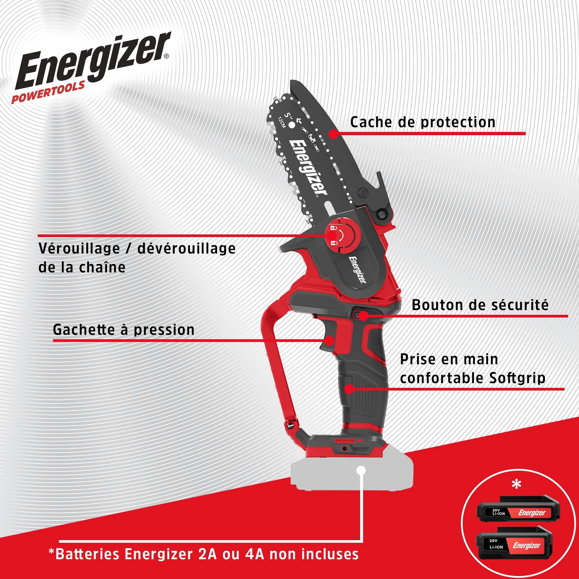 Energizer – Tronçonneuse Sans Fil 20V, Lame 120 mm – Vitesse 5 m/s – Ultra Compacte, Poignée Soft Grip – 2 Chaînes + Huile Incluses – Inclus 2 Batteries 2AH + Chargeur rapide Idéale Élagage, Jardinage