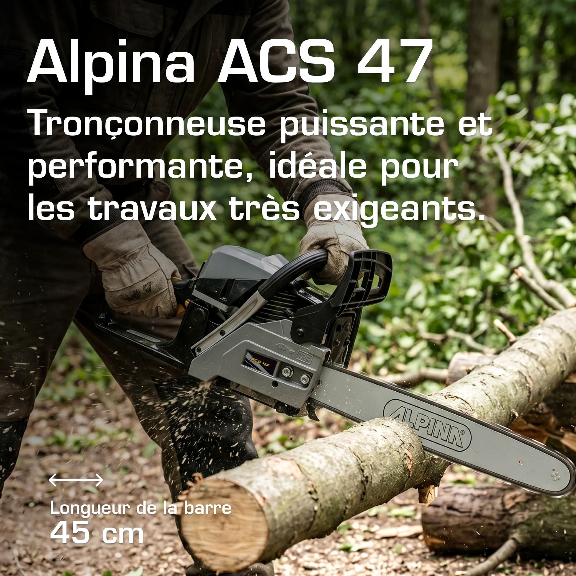 Alpina ACS 47 Tronçonneuse À Essence, 45 cm³, 45 cm – Pompe À Huile Automatique, Frein De Chaîne Double – Pour Coupe De Bois Domestique