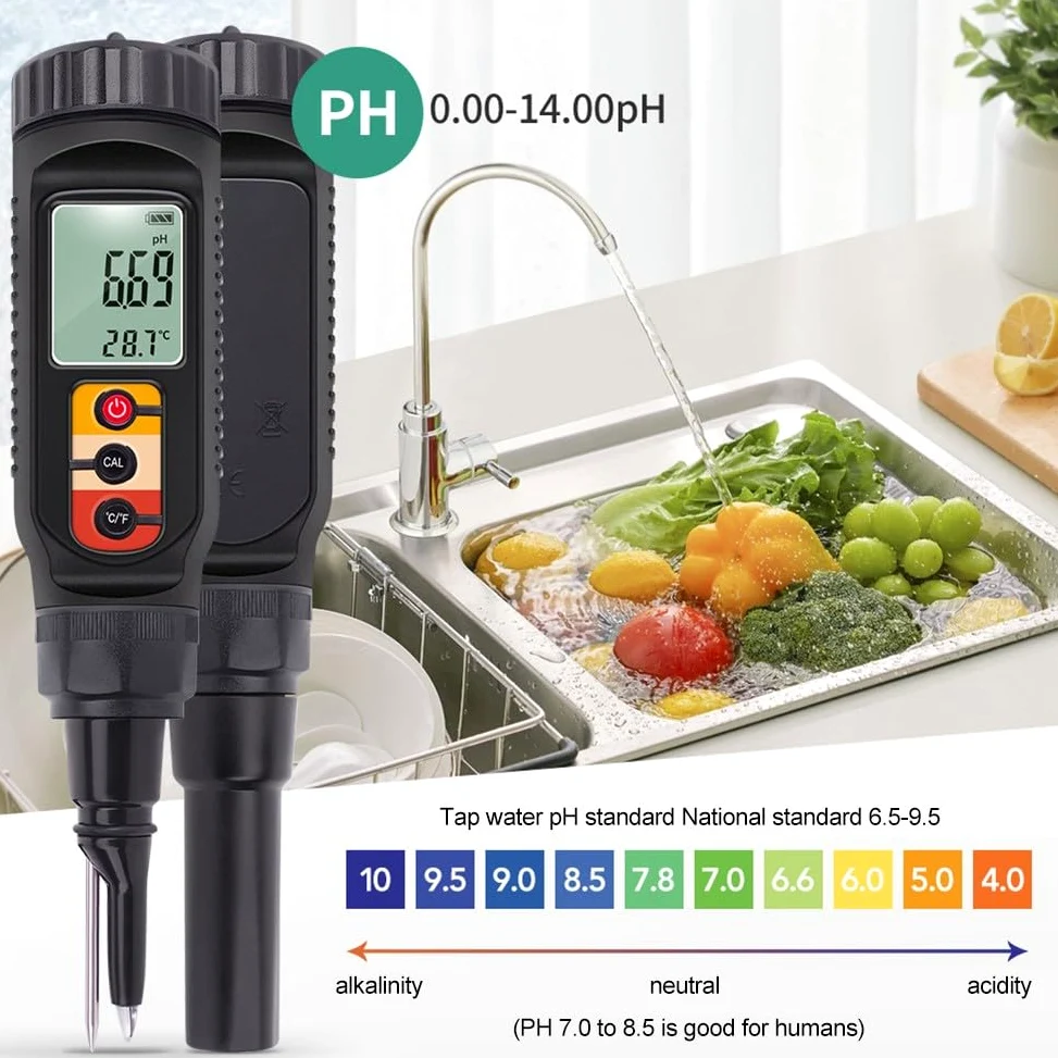 Testeur de pH numérique pour aliments et sols, testeur d'acidité rapide et précis avec affichage de la température, écran rétroéclairé vert, fruits, légumes, viande, pain, produits laitiers