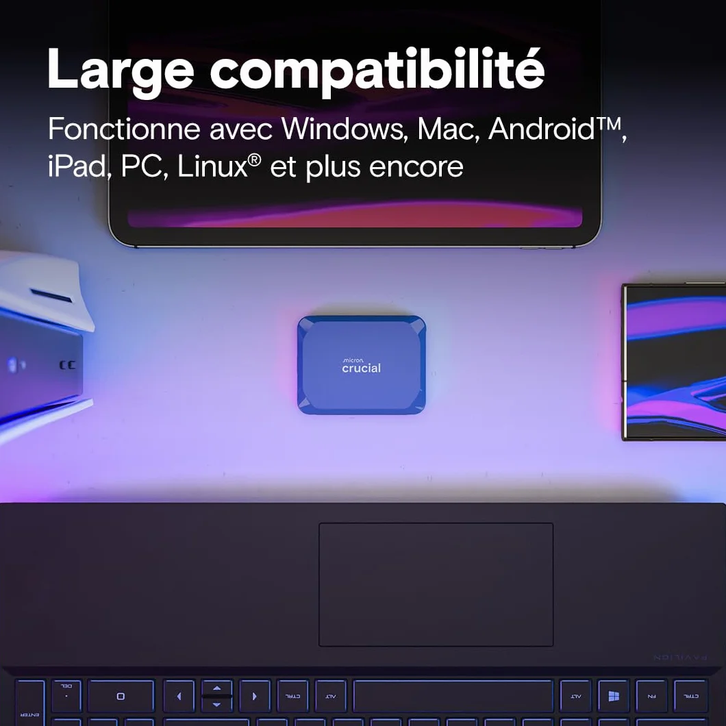 Crucial X10 2To Disque SSD Externe Portable USB-C 3.2 Gen2 2100Mo/s IP65 Bleu Mat