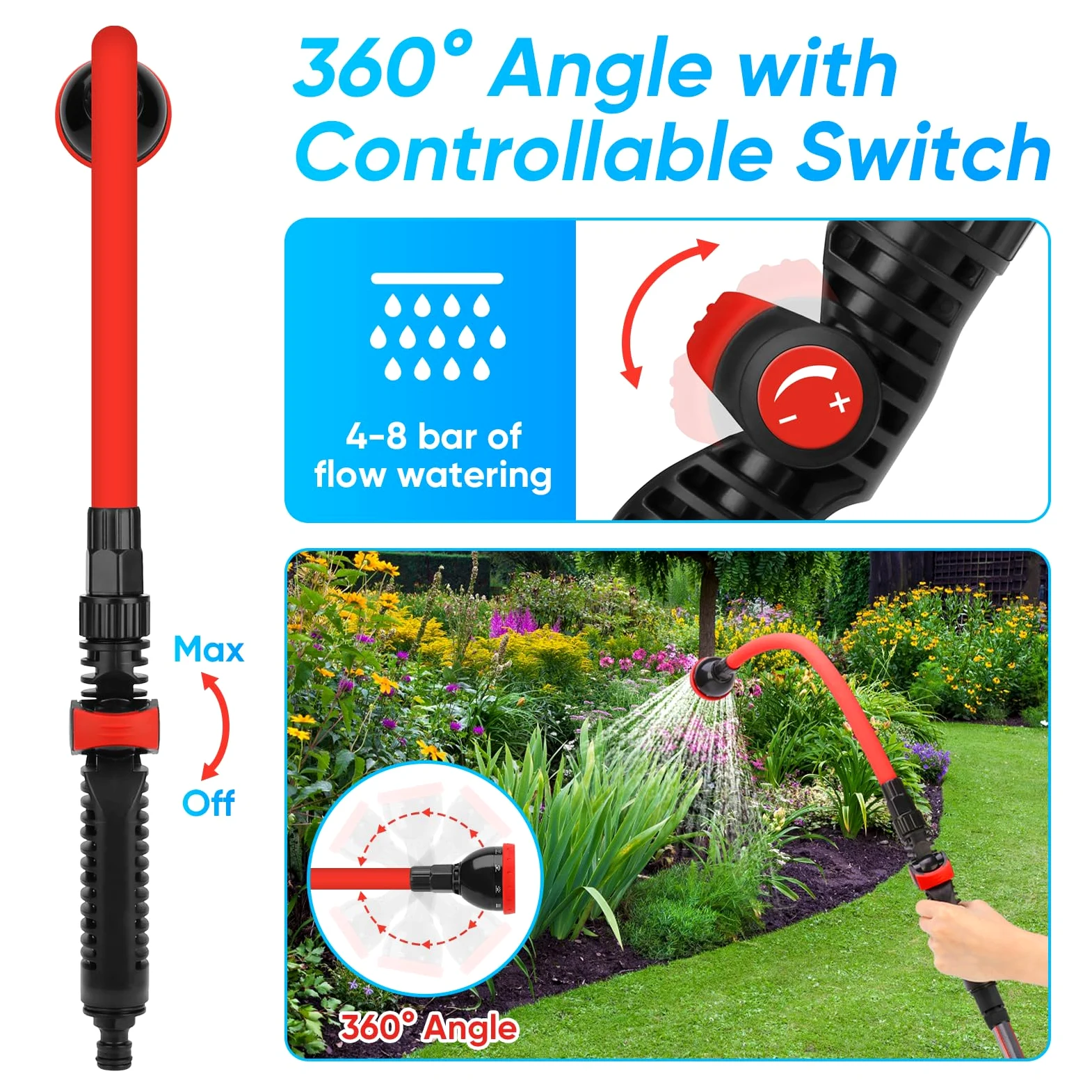 Baguette d'arrosage pliable 2 en 1 très résistante, pour jardin/voiture avec 10 modes de pulvérisation, buse de pulvérisation de 73,5 cm, compatible avec raccords rapides/tuyaux d'arrosage de 1,9 cm