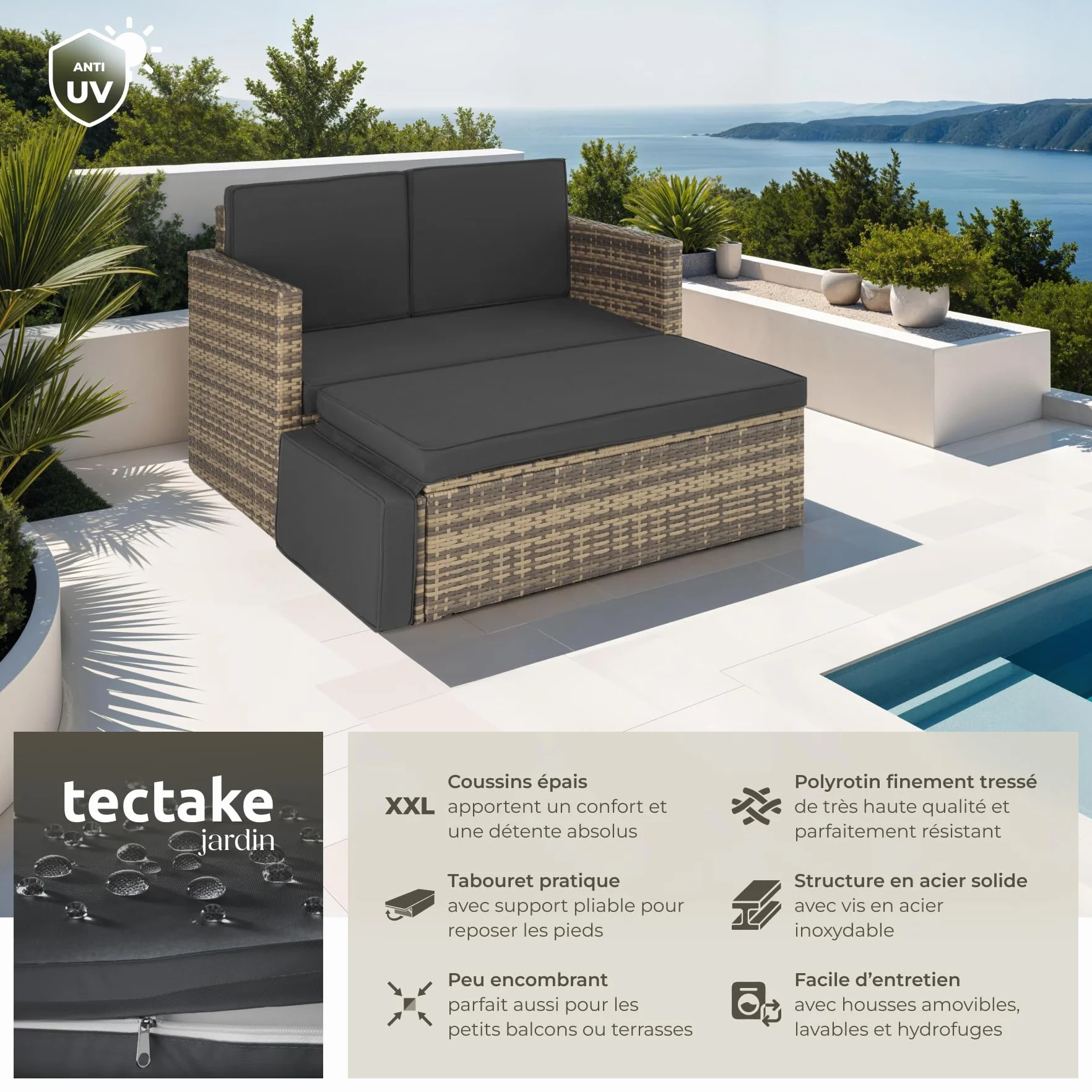 Tectake Salon de Jardin Poly Rotin Modulable Bain de Soleil 2 Places 1 Canapé 1 Tabouret Pouf Repose-pieds Inclinable