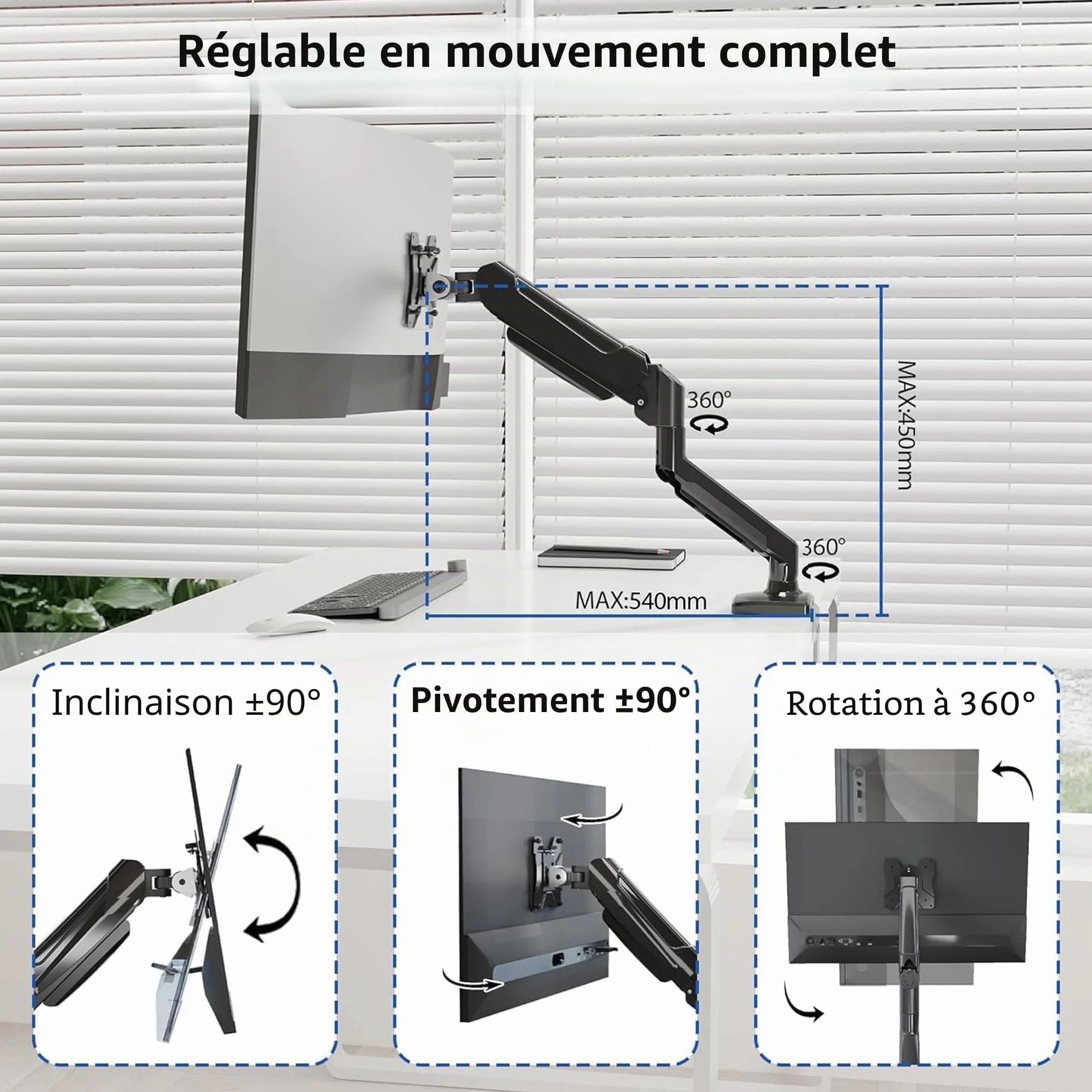 BONTEC Bras Articulé à Ressort à Gaz pour Moniteur 13-32 Pouces, Capacité 3-9kg, Rotation 360°, VESA 75/100mm