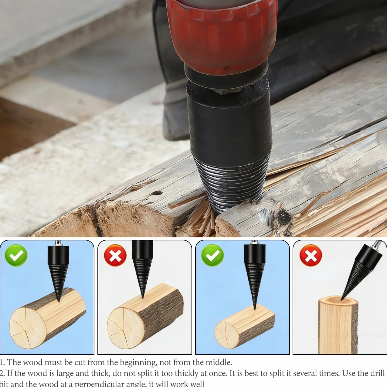 Foret fendeur de bois électrique 38 mm kit avec 4 poignées cône et tige conique