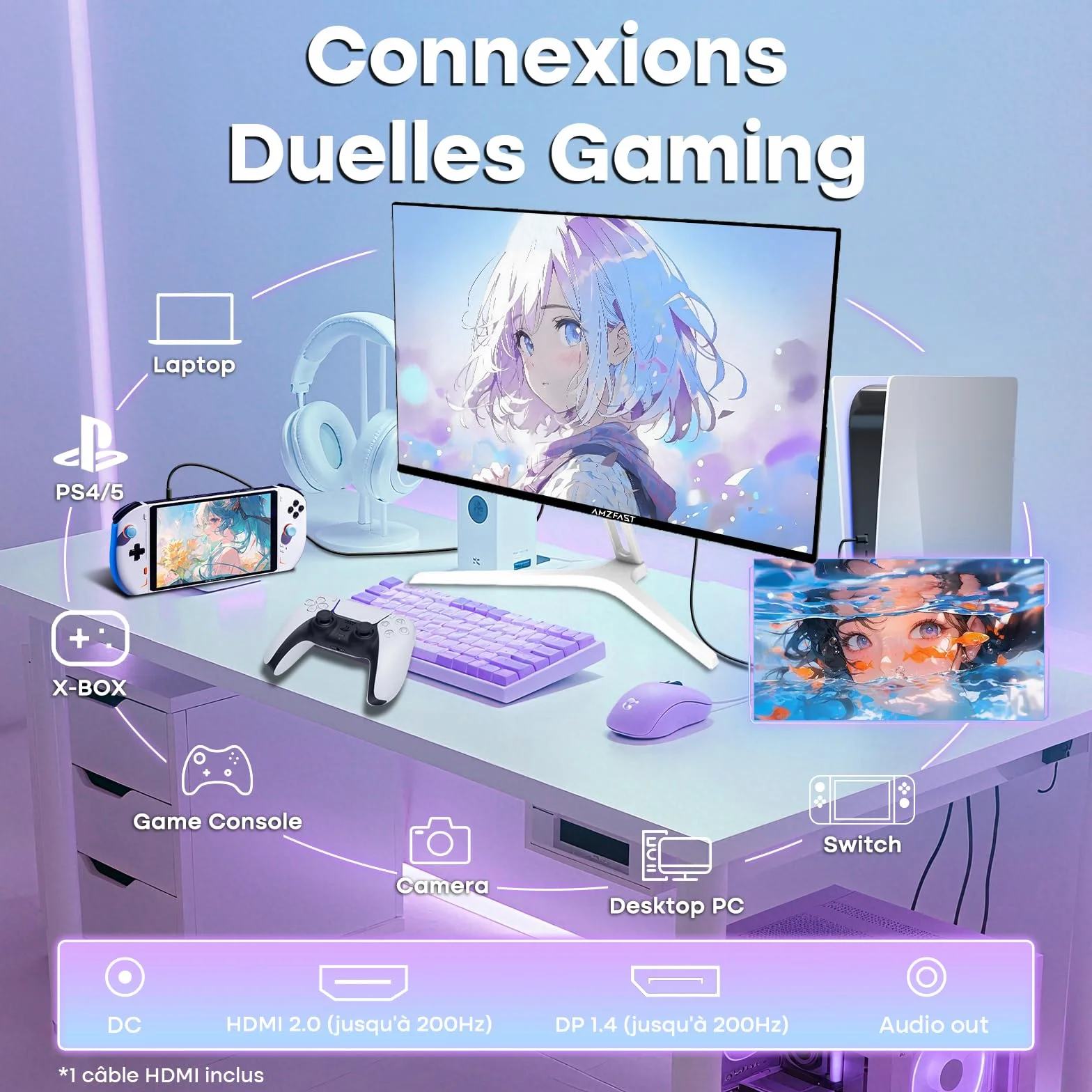 Ecran PC Gamer 24 Pouces 200Hz FHD Fast IPS 1ms MPRT HDR Adaptive Sync VESA 75x75 HDMI 2.0 DP 1.4 Blanc AMZG24X1W