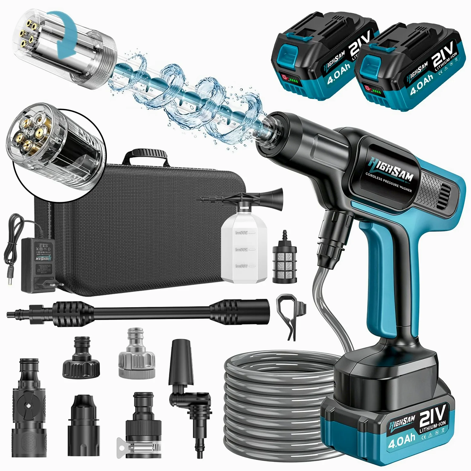 Nettoyeur Haute Pression sans Fil, Moteur sans Balais 3000 W, Mode 3 Vitesses, Maximum 100 Bar, Batterie De avec 2 Batteries 4,0 Ah, Buse Rotative 5 en 1, pour La Voiture Et La Maison