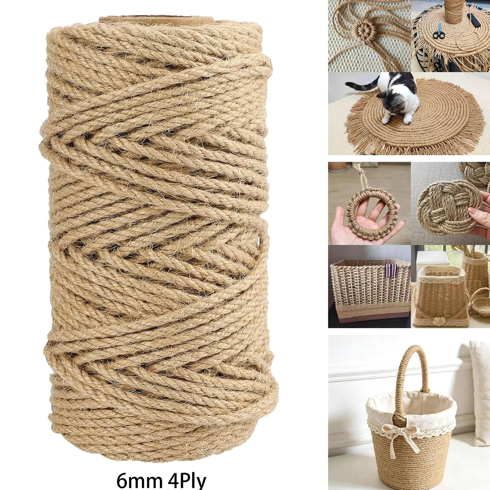 Ficelle De Jardin Corde de Jute 6mm, Ficelle torsadée Robuste et épaisse à 4 Plis for Le Jardinage, Bricolage, groupage, l'arbre Chat, la décoration Maison(100meters)