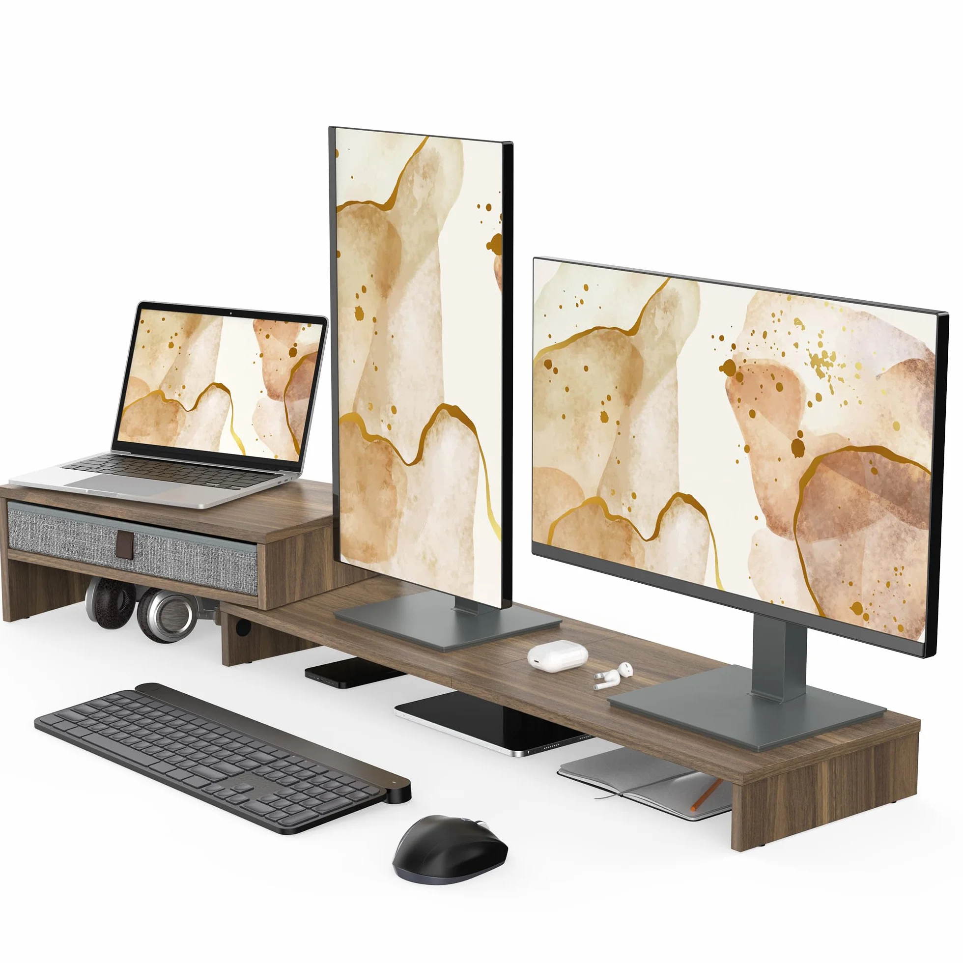 Fenge Réhausseur d'Écran en Bois, Support de Moniteur Réglable pour 2 Moniteurs avec Tiroir de Stockage, 78,3–113 x 23,5 x 7,3 cm (Marron)