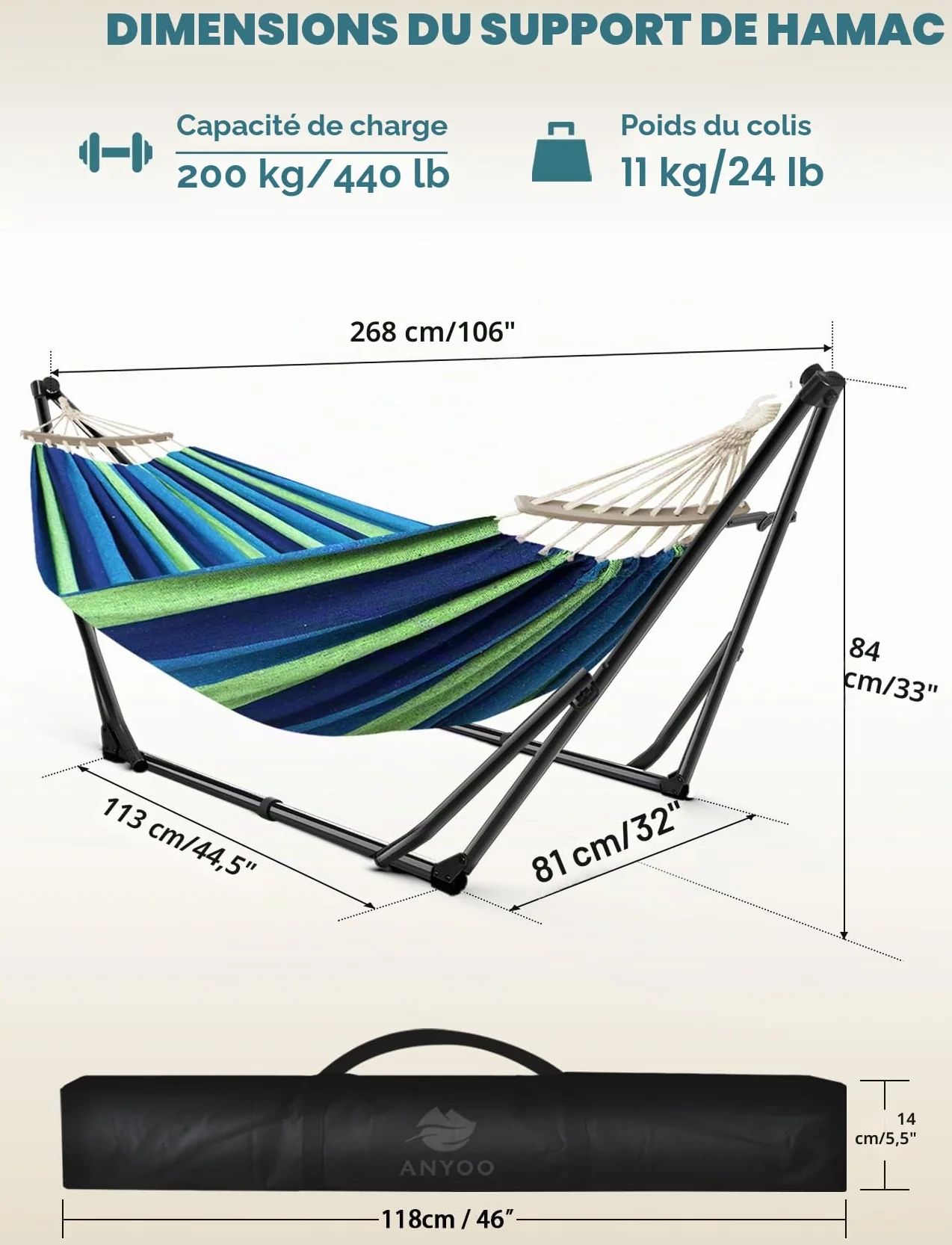 ANYOO Hamac avec Support Pliable Portable Double Usage Intérieur Extérieur