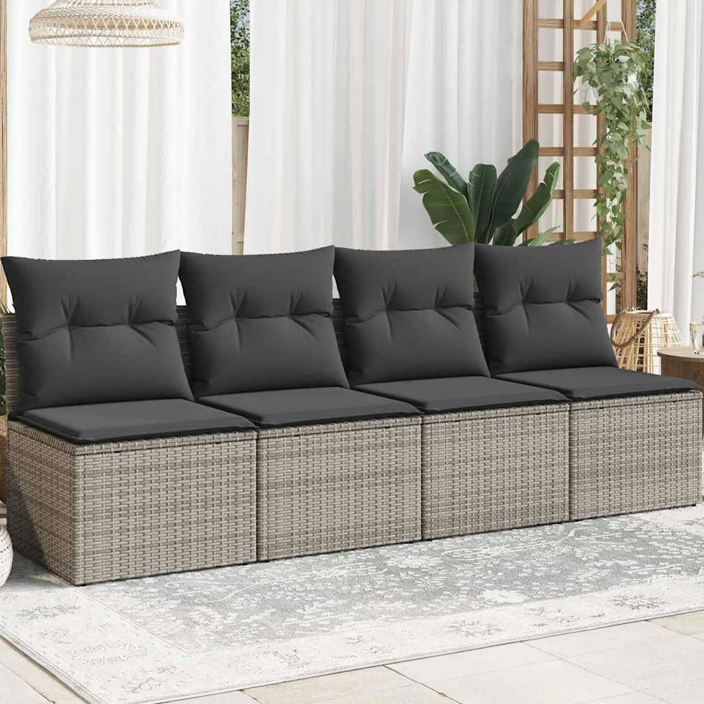 Canapé de Jardin 4 Places Résine Tressée Gris avec Coussins