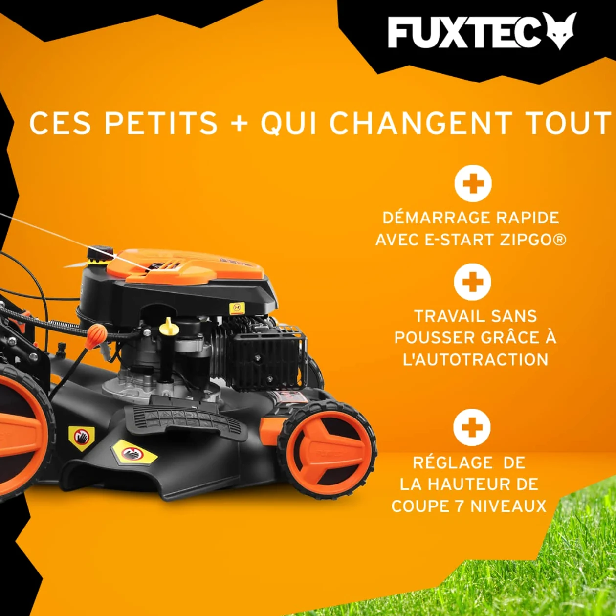 FUXTEC 4en1 Tondeuse Thermique Démarrage Électrique FX-RM5196eS - Largeur de Coupe 51cm, Système autotracté, Fonction Mulching, Réglage Central de la Hauteur de Coupe, 60L Bac de ramassage