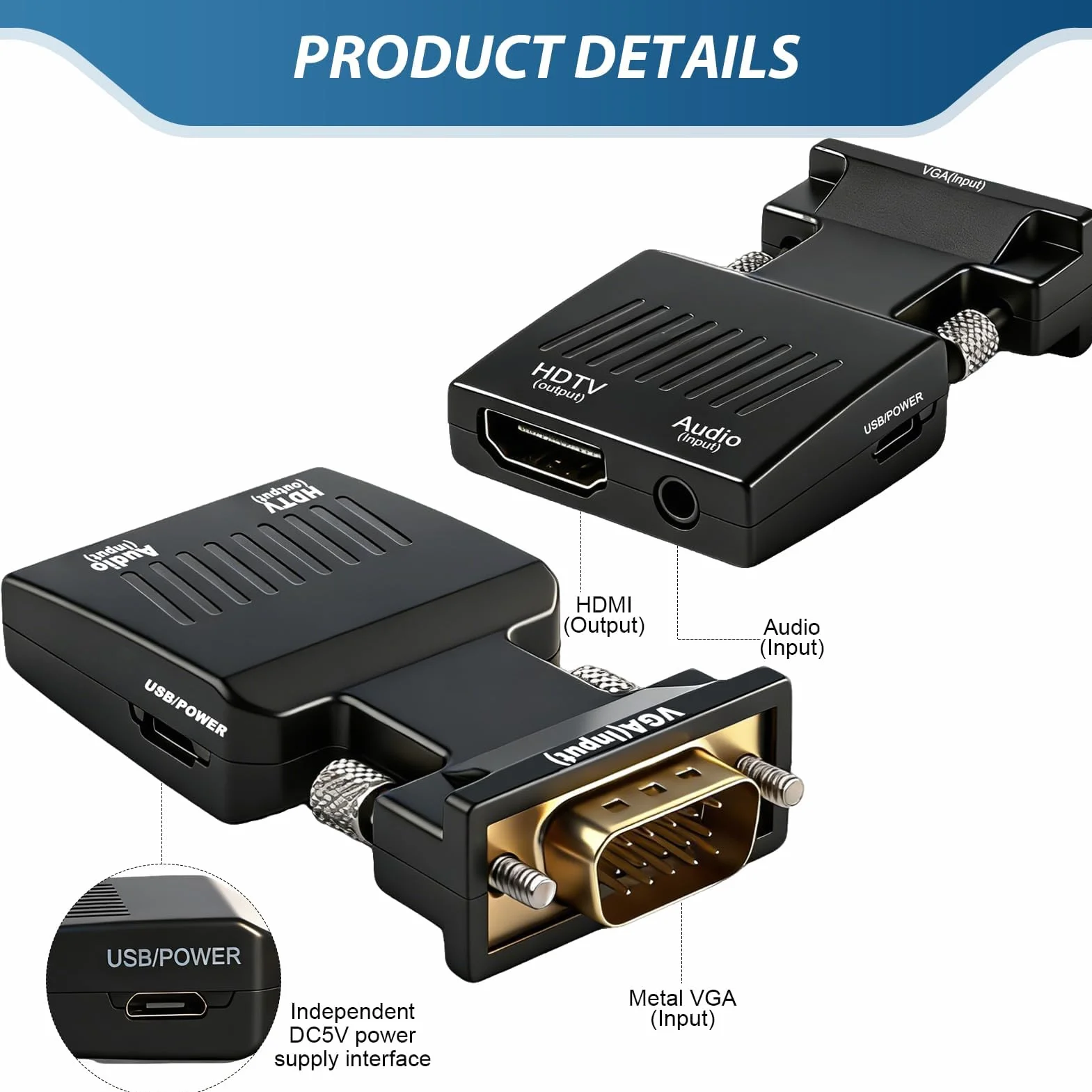 Adaptateur VGA vers HDMI Audio HD 1080p Convertisseur Actif Vidéo VGA Mâle vers HDMI Femelle Câble