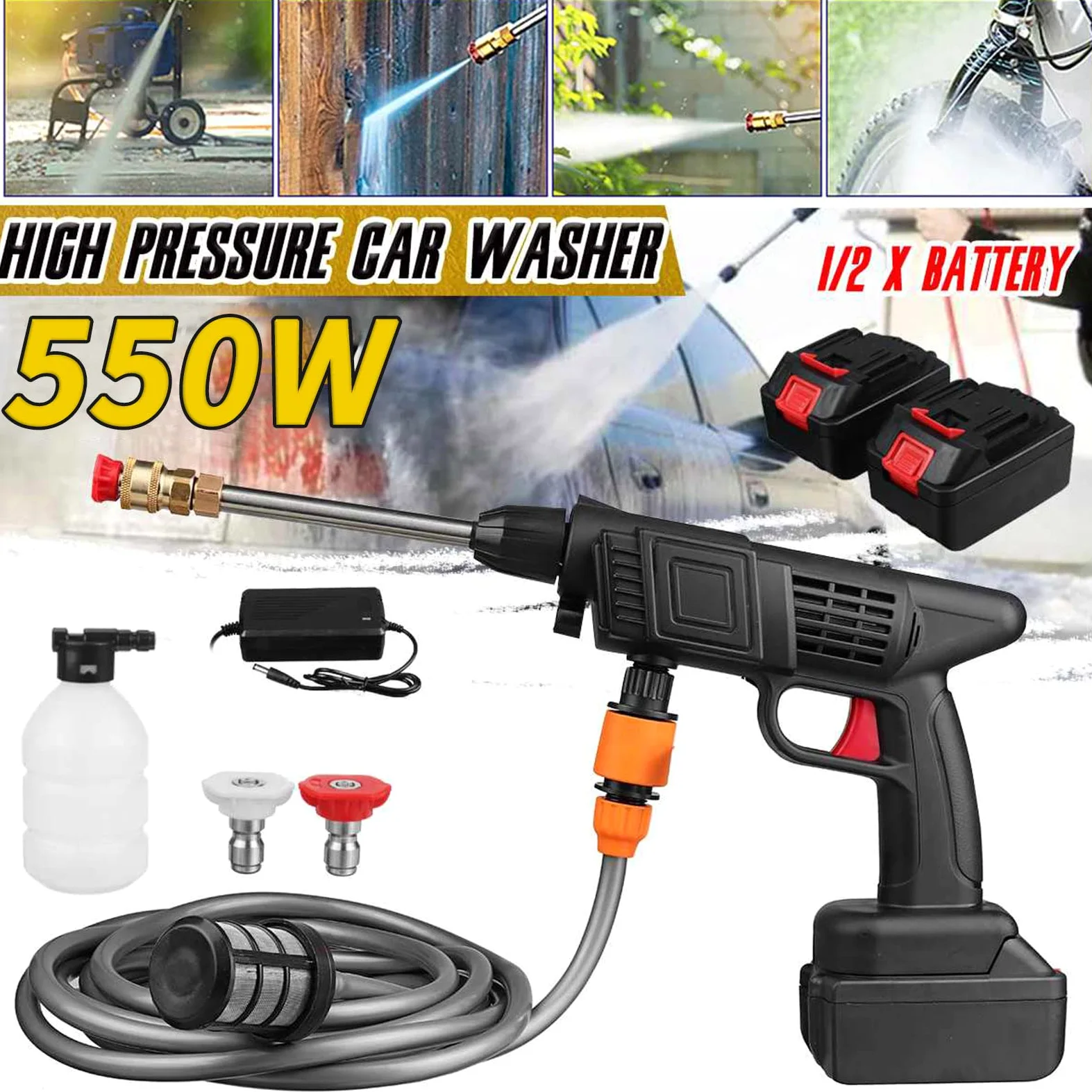 21V 1500mAh 150 PSI Nettoyeur Haute Pression sans Fil Portable, Alimenté par Pile Nettoyeur Haute Pression sur Batterie avec Accessoires, Watering Flowers, Cleaning Floors(EU)