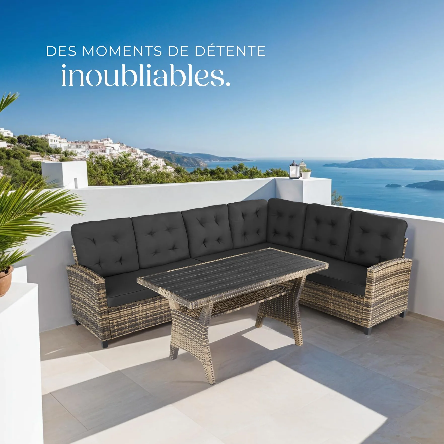 tectake Ensemble Salon de Jardin XXL Poly Rotin Canapé 6 Places Table Jardin Mobilier Exterieur