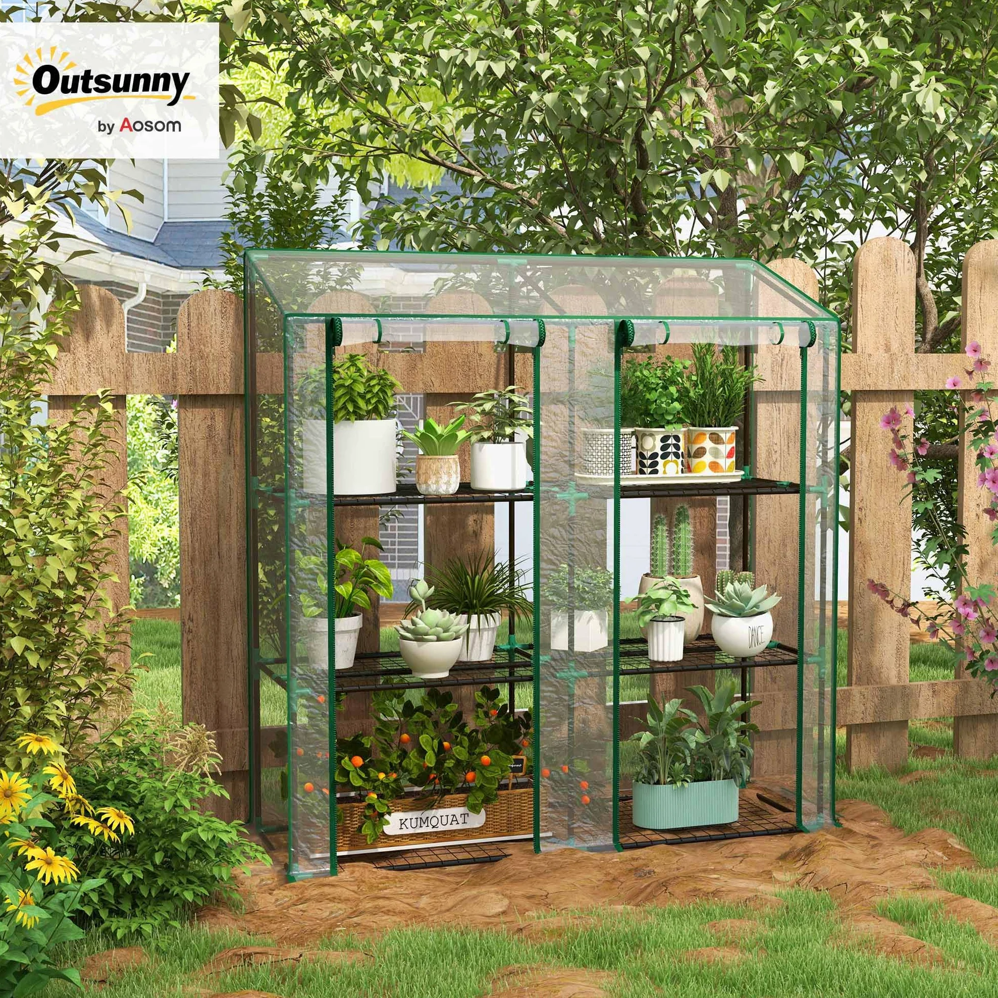 Outsunny Serre de Jardin PE Étagères 3 Niveaux 143x46x51cm Transparent | Serre de Balcon, Bâche Renforcée 140 g/m², Châssis en Acier, 2 Portes Zippées Enroulables, pour Légumes Plantes Fleurs